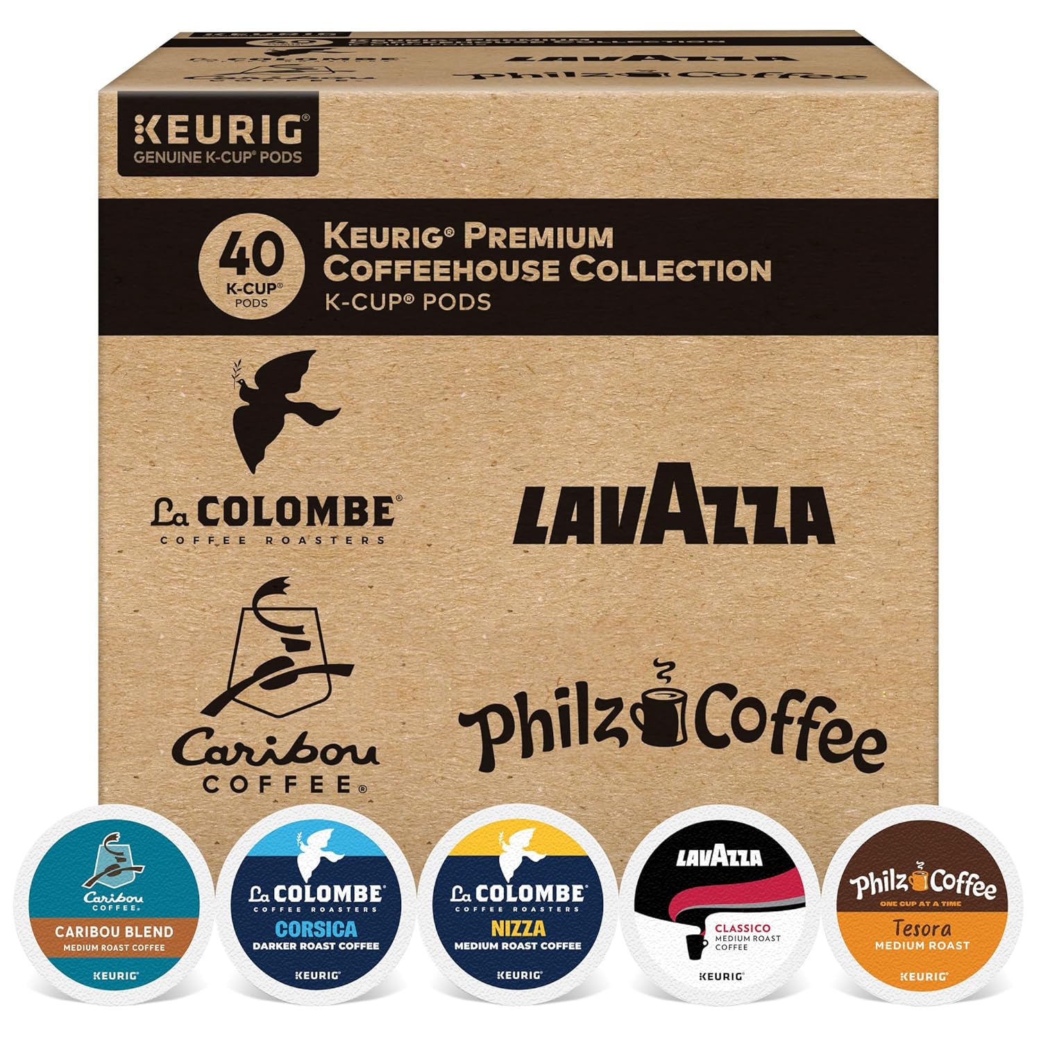 Keurig Premium Coffeehouse Collection. Single Serve Keurig K-Cup Pods. Medium and Dark Roast Coffees. 40-Count Box