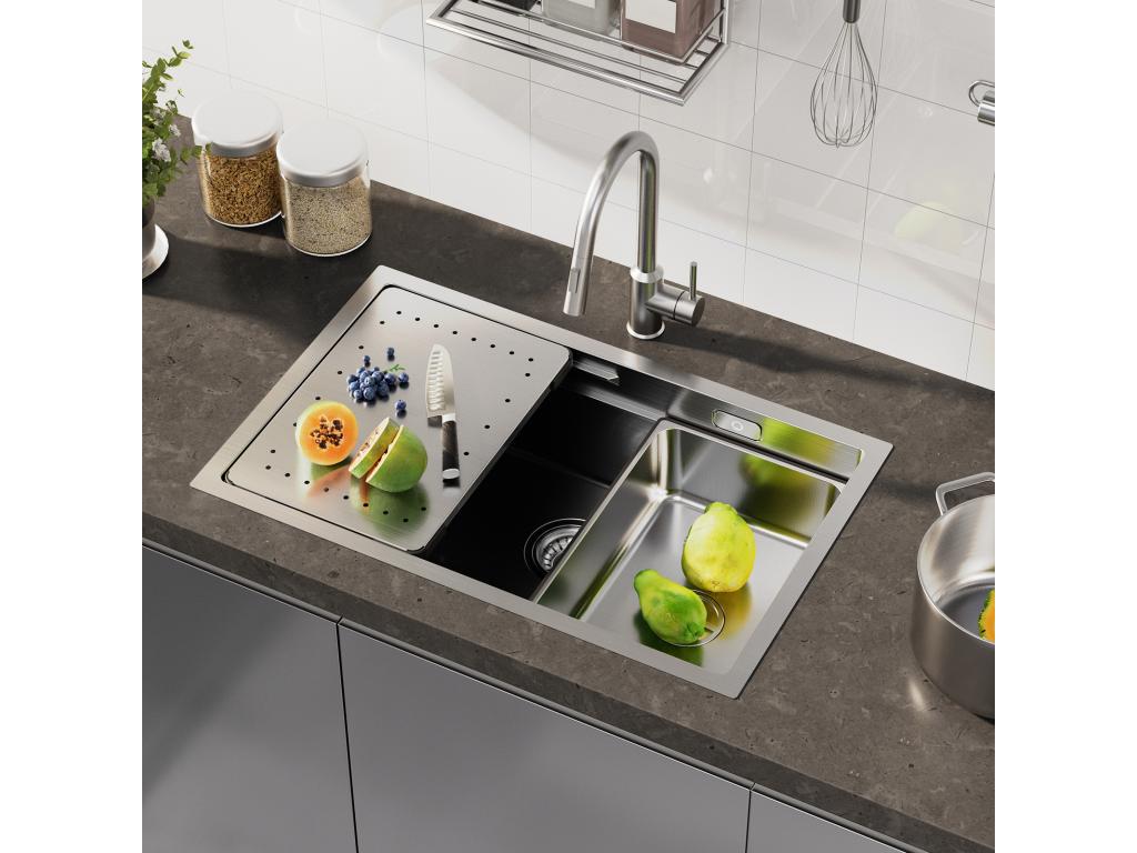 Fregadero de cocina Casaplu 1 seno 70×44×21CM Fregadero encastrable de acero inoxidable cepillado con escurridor y lavabo