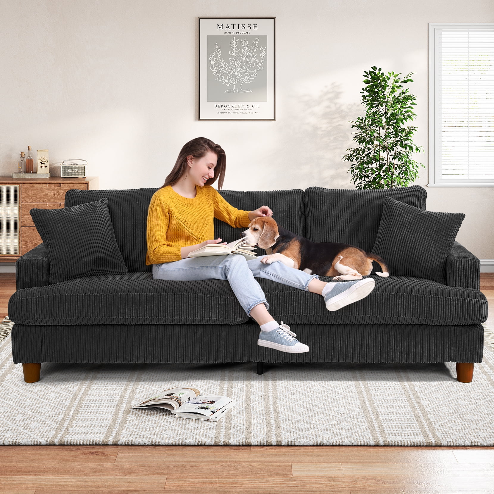 87" Corduroy Sofa,3 Seater Sofa with Extra Deep Seats,Neche Comfy Upholstered Couch for Living Room,2 Pillows,Green - Image 36