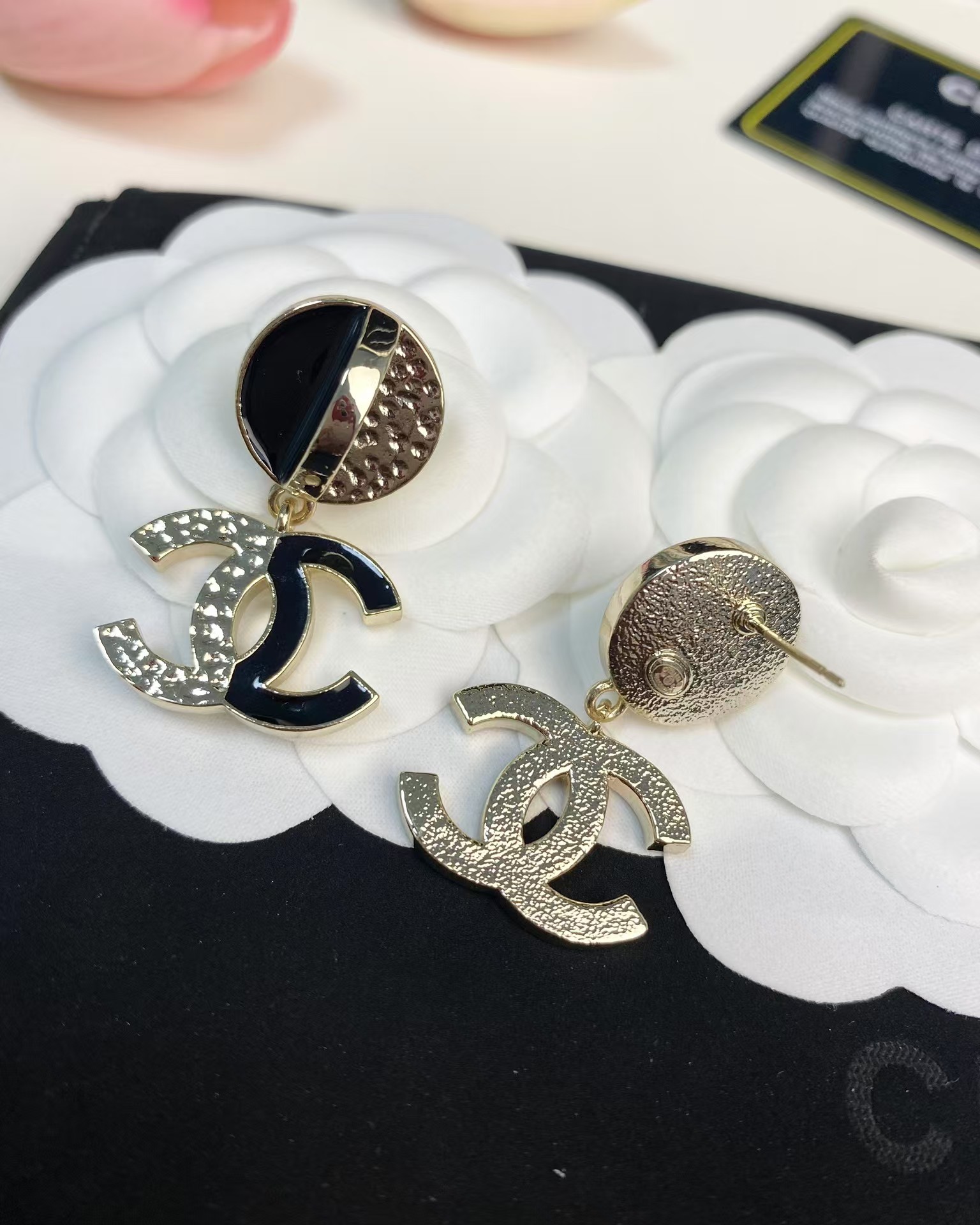 Chanel Half Black Enamel Double C Dangle Earrings - Original Replica Club