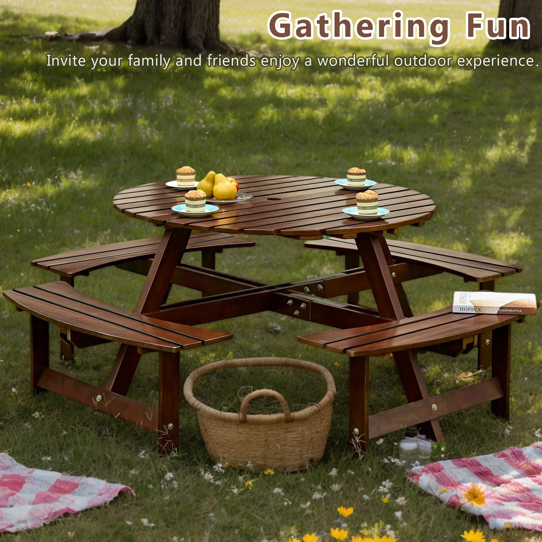 8 Person Wood Picnic Table, Outdoor Round Picnic Table with 4 Built-in Benches, Umbrella Hole, Outside Table and Bench Set for Patio, Backyard, 500lbs Capacity Per Bench - Image 13