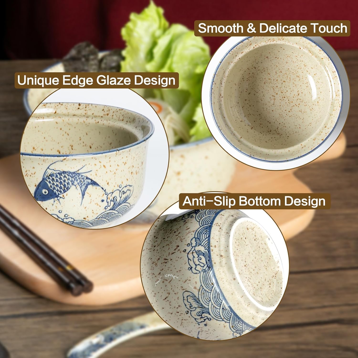 Ceramic Ramen Bowl Set of 2, Ramen Noodle Bowl with Lid 27oz Japanese Retro Style Soup, Pho, Udon Bowls, Matching Spoons and Chopsticks for Microwave & Dishwasher Safe, Fish