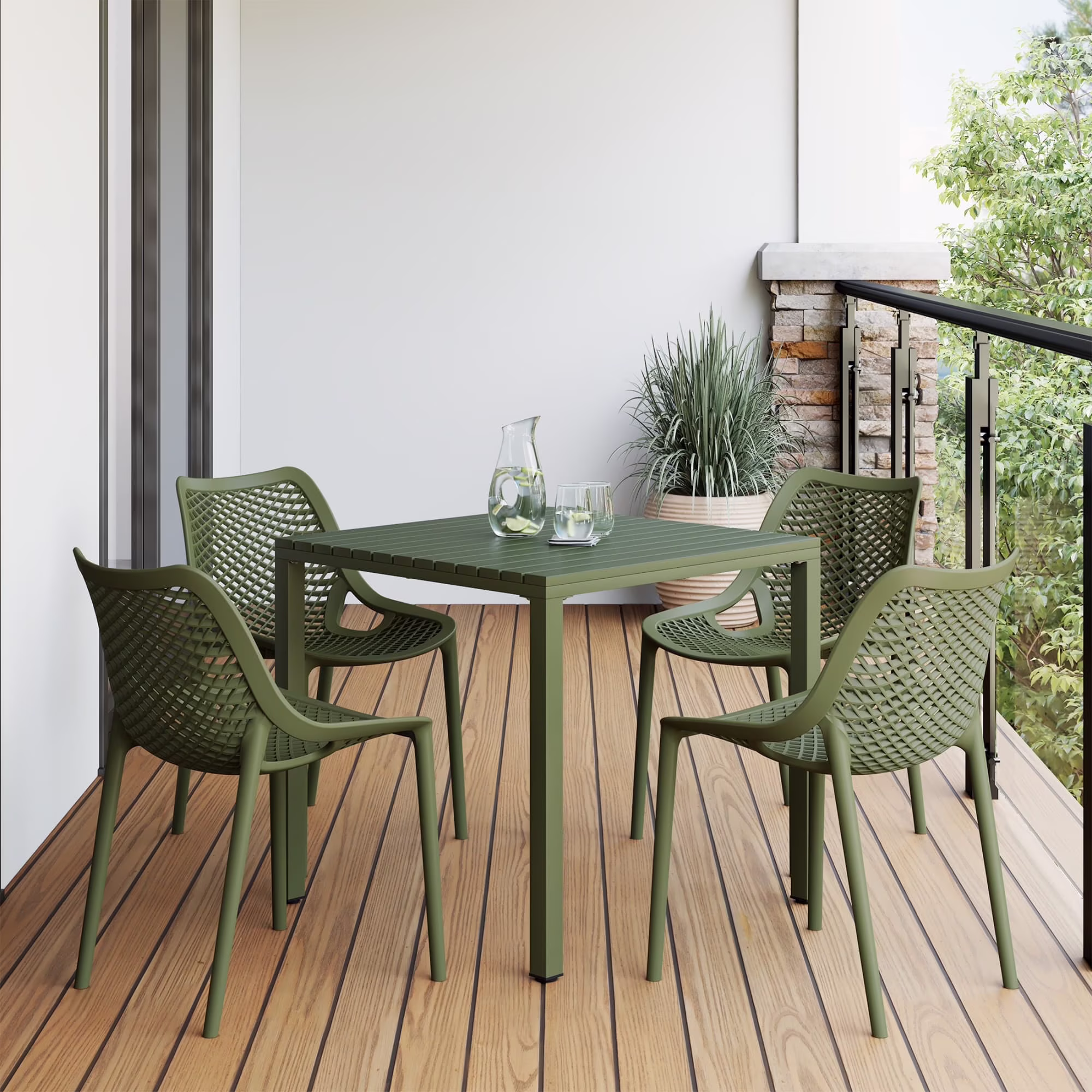 WestinTrends Playa 5-Piece Outdoor Patio Metal Frame Dining Table Set with Stackable Patio Dining Chairs, Olive Green