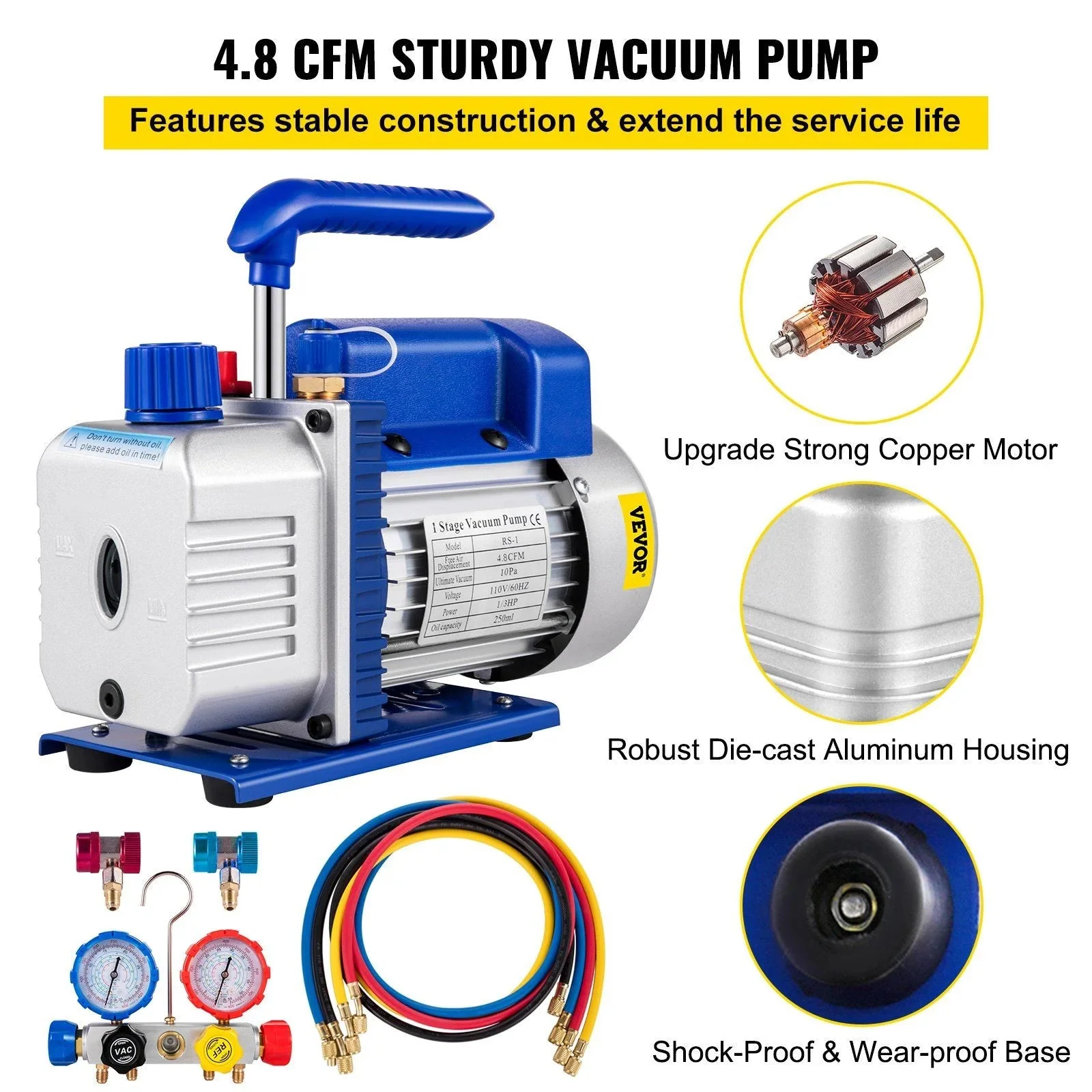 HVAC Vacuum Pump Kit, 4.8 CFM, 1/3 HP, Single Stage, 5 Pa - ZK44.8CFM - Image 3 HVAC Vacuum Pump Kit, 4.8 CFM, 1/3 HP, Single Stage, 5 Pa - ZK44.8CFM - Image 3