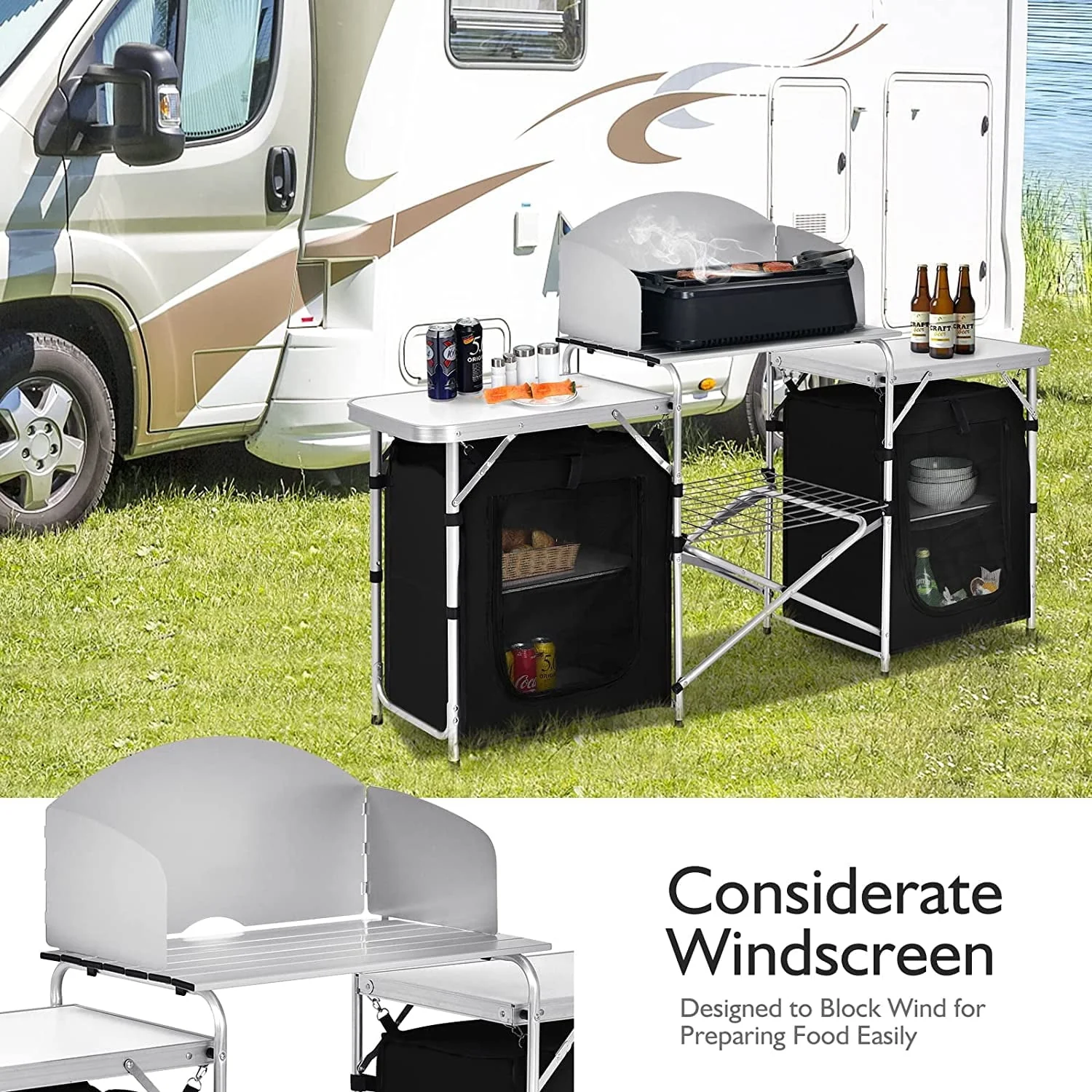 Camping Kitchen Table with Storage, Aluminum Portable Outdoor Cooking Table with Windscreen, Foldable Camp Table Cook Station for BBQ, Grill, Party, Picnics - Image 3
