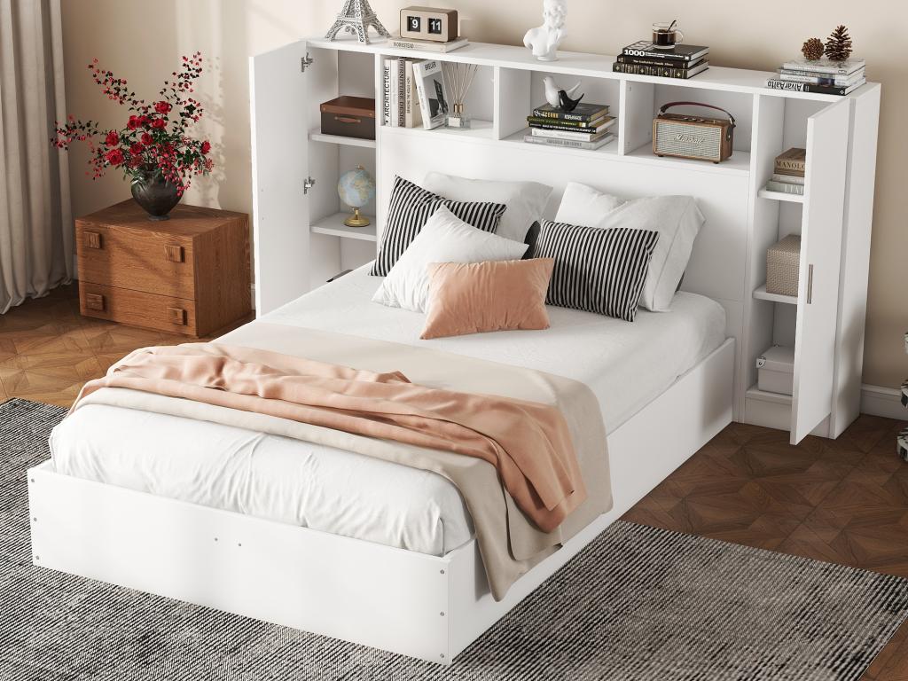 Cama doble de madera 140 x 200 cm - cabecero con 2 puertas y 3 nichos de almacenamiento - Madera MDF - Somier de láminas - Blanco