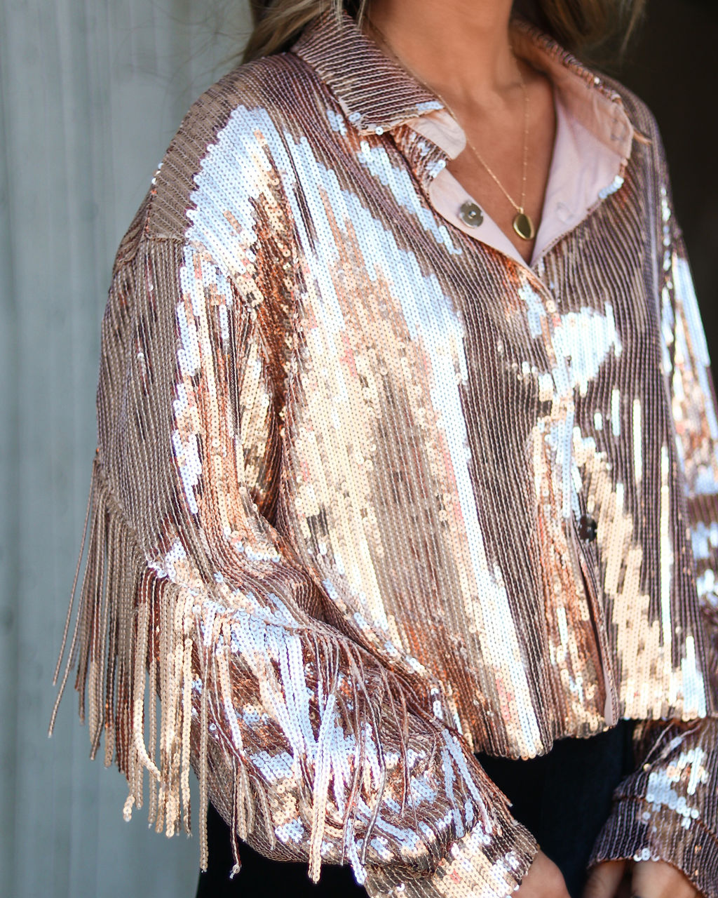 Life Is A Fiesta Sequin Fringe Jacket - Rose Gold - Se7enfashion