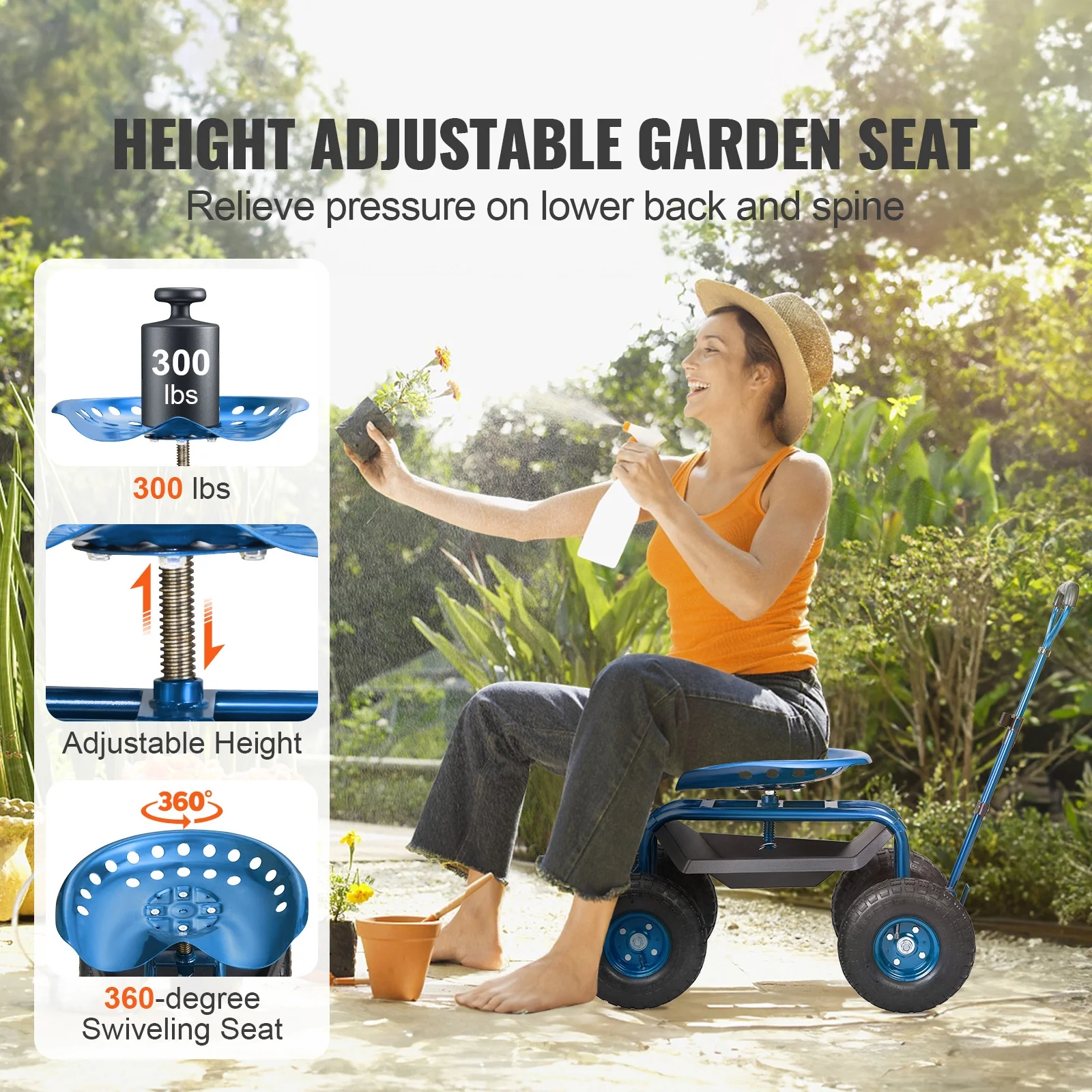 KFFKFF Outdoor Cart with Rotating Seat, Planting Stool on Wheels, Garden Trolley with Directional Handle and Handy Tool Tray, Ideal for Lawn, Patio, and Outside Areas, Blue - Image 3