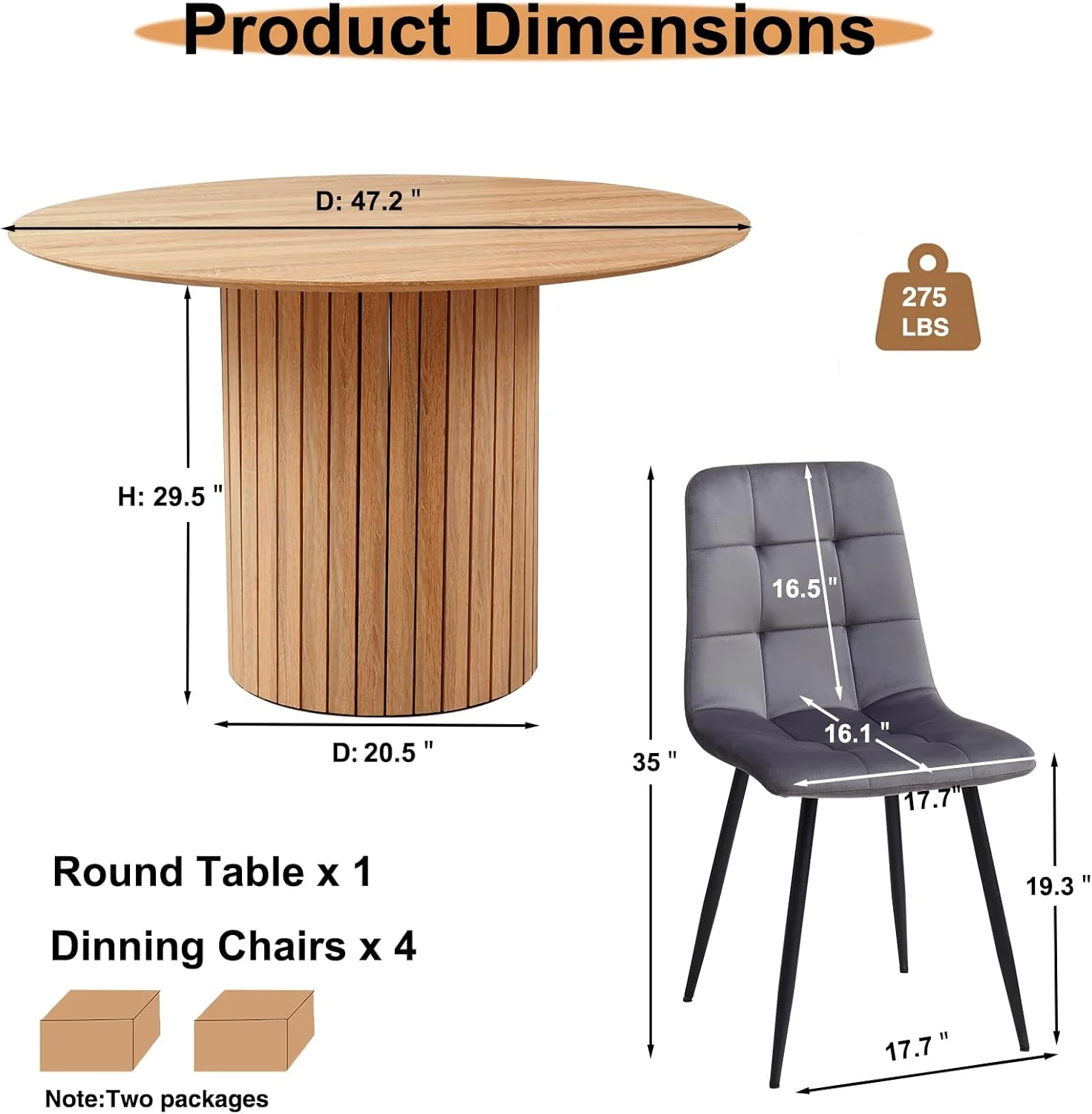 5 Piece Round Dining Table Set - Mid-Century 47 inch Oak Dining Table with 4 Brown Faux Leather Chairs Set, Dinner Table & Chair with Metal Legs for Kitchen Dining Room, Apartment, Bedroom - Image 18