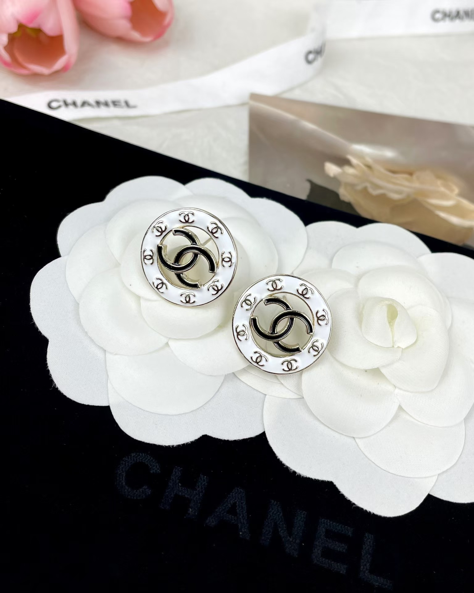 Chanel Round White and Black Enamel Stud Earrings - Original Replica Club