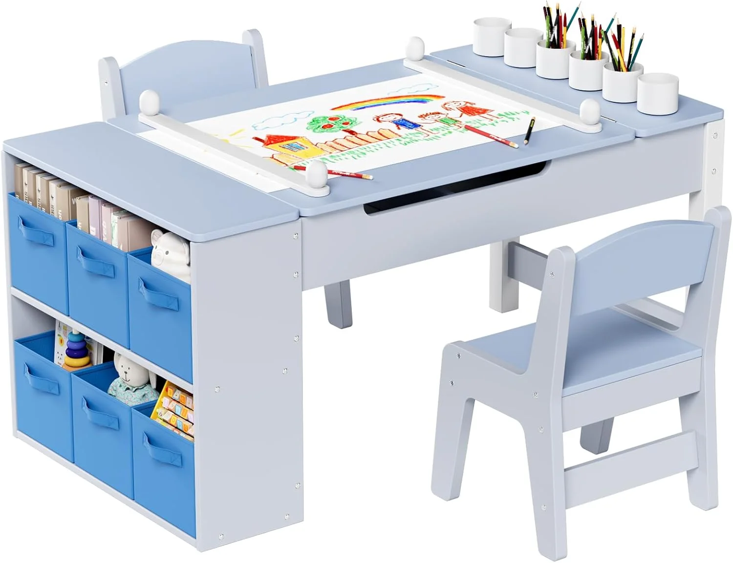 LAZY BUDDY Kids Art Table and 2 Chairs Set, 2 in 1 Easel & Toddler Craft Table and Chairs Set with Storage Bins, Paint Cups and Paper Roll, Activity Table Set for Children 3+ - Image 10