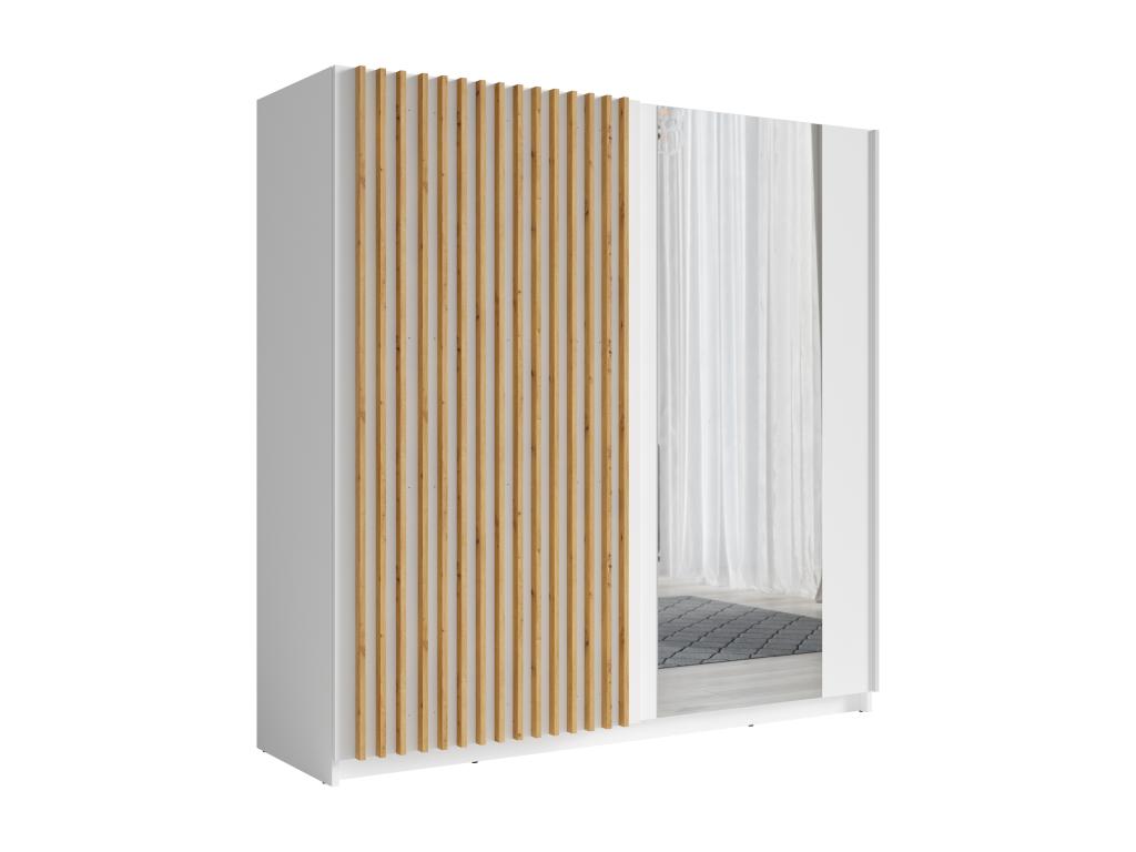 Armario 2 puertas correderas con espejo - 200 cm - blanco y natural