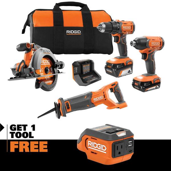 18V Cordless 4 - Tool Combo Kit with 4.0 Ah Battery, 2.0 Ah Battery, Charger, Bag and 18V AC Inverter