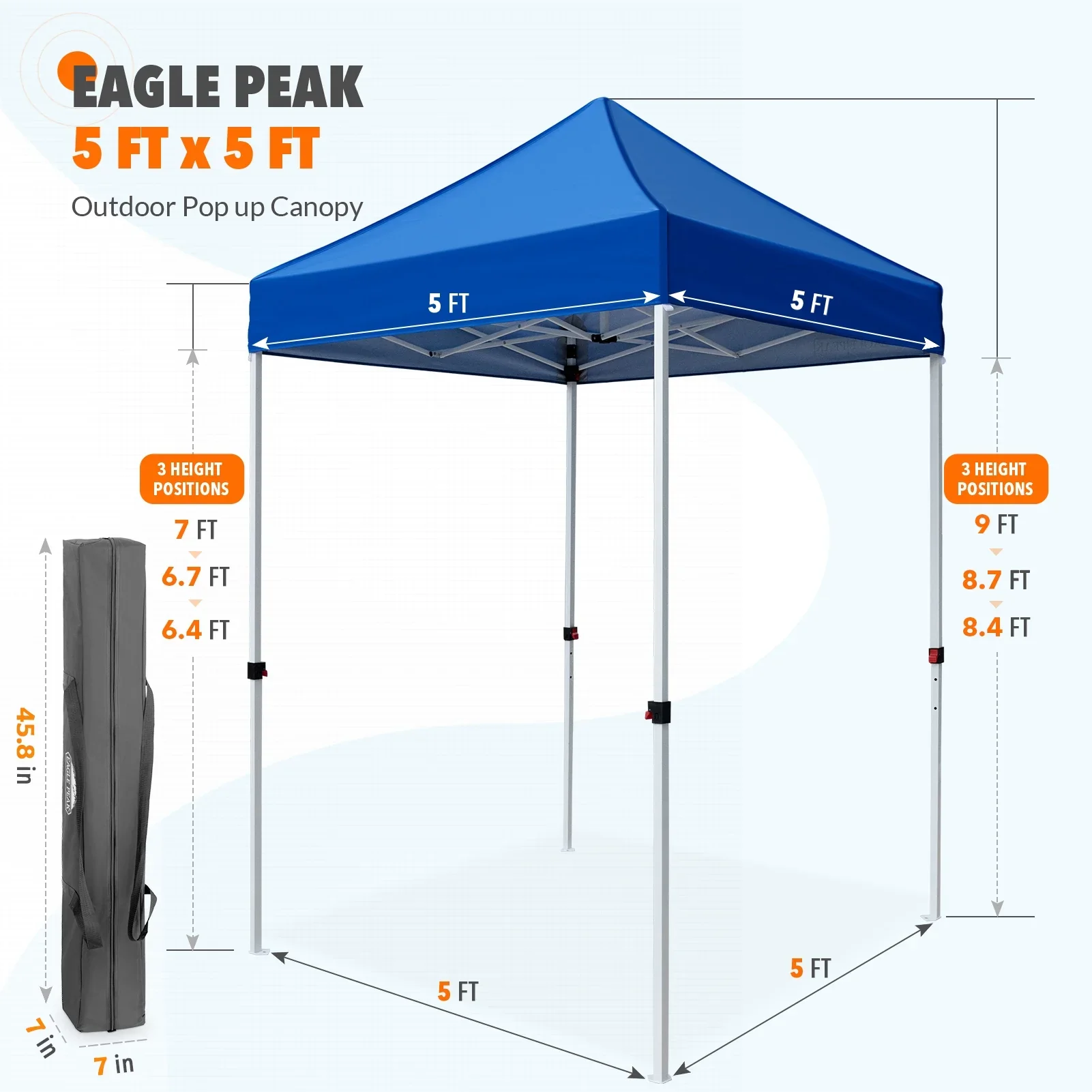 EAGLE PEAK 5x5 Pop up Canopy Tent Instant Outdoor Canopy Easy Set - up Straight Leg Folding Shelter（blue）