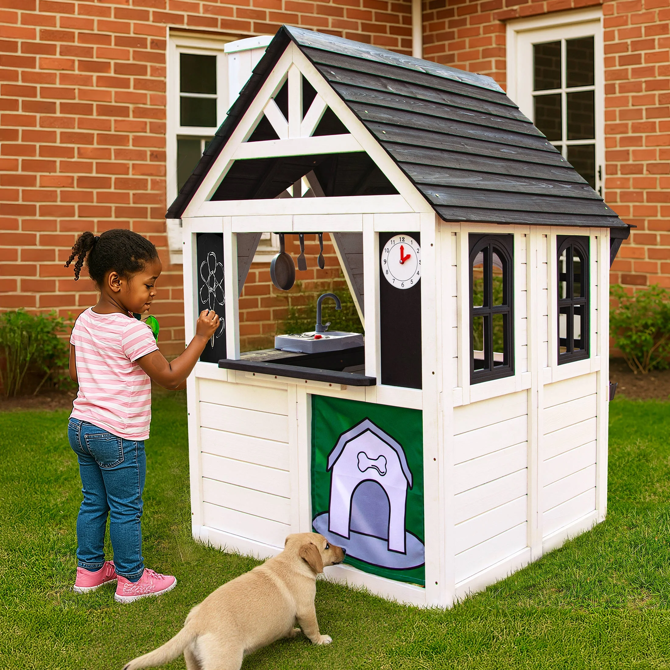 COCLUB Outdoor Playhouse for Kids Ages 4-8, Wooden Play House with Doorbell, Phone, Kitchen Toys, Outdoor Kids Play Equipment, Casa Para Ni?as (45-L x 65-H), White & Black - Image 6