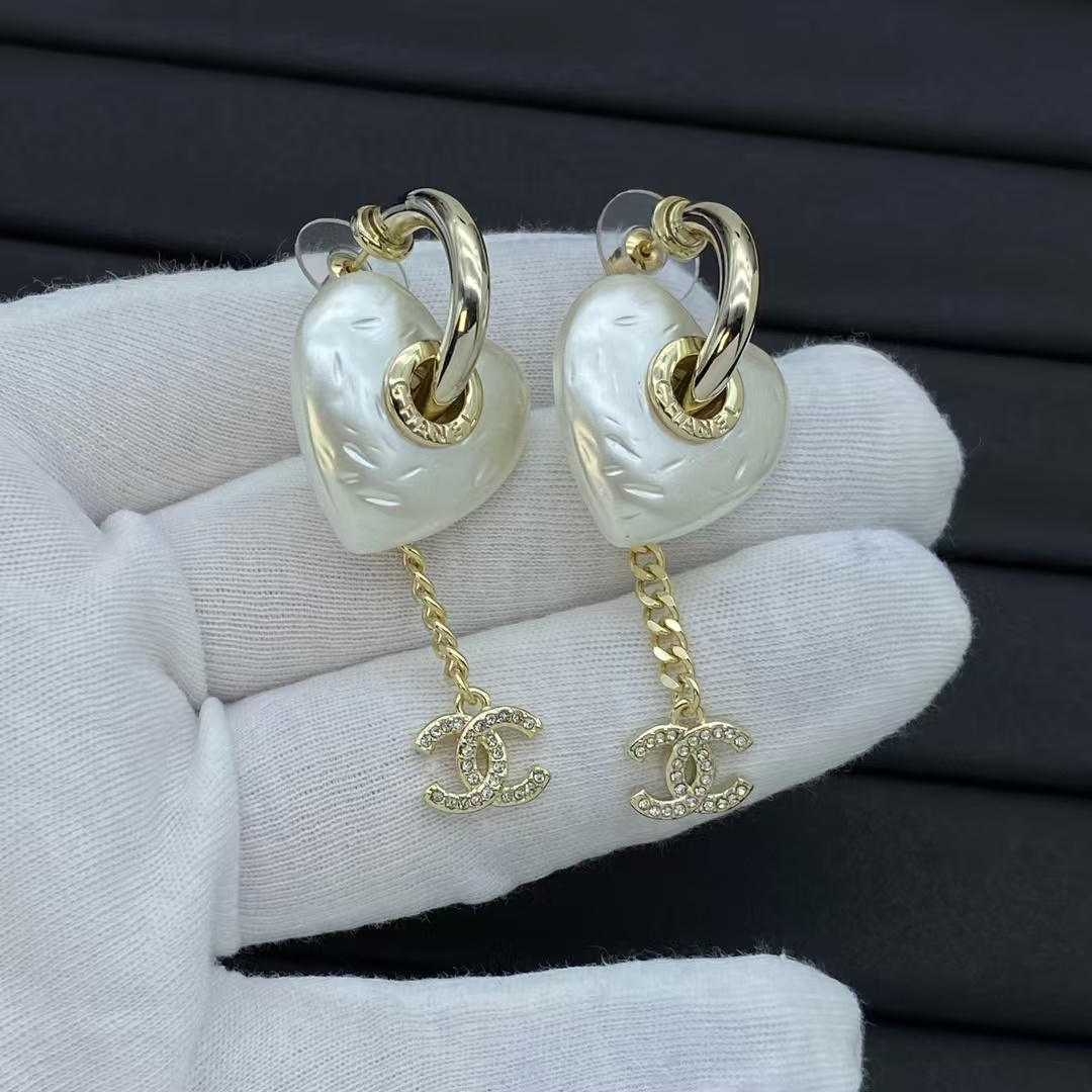 Chanel Hoop with Heart Chain Double C Drop Earrings - Original Replica Club
