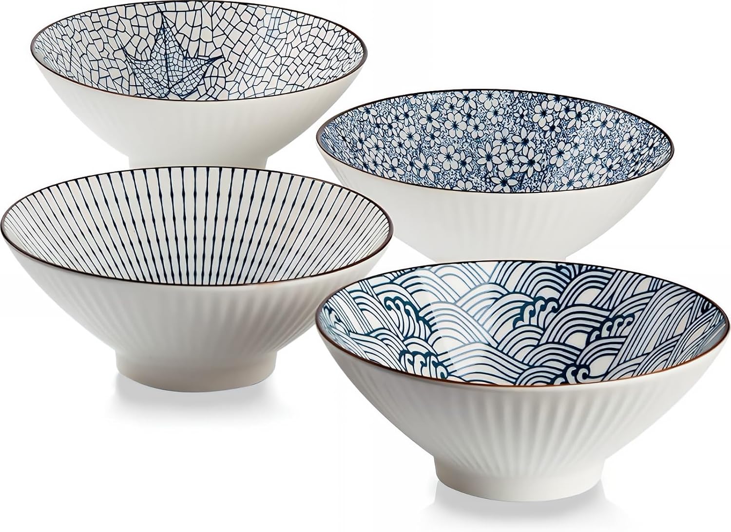 QINLANG 38 oz Japanese Ramen Bowls, Ceramic Set of 4 for Cereal, Soup, Pho, Noodles - Blue and White, 8 Inches