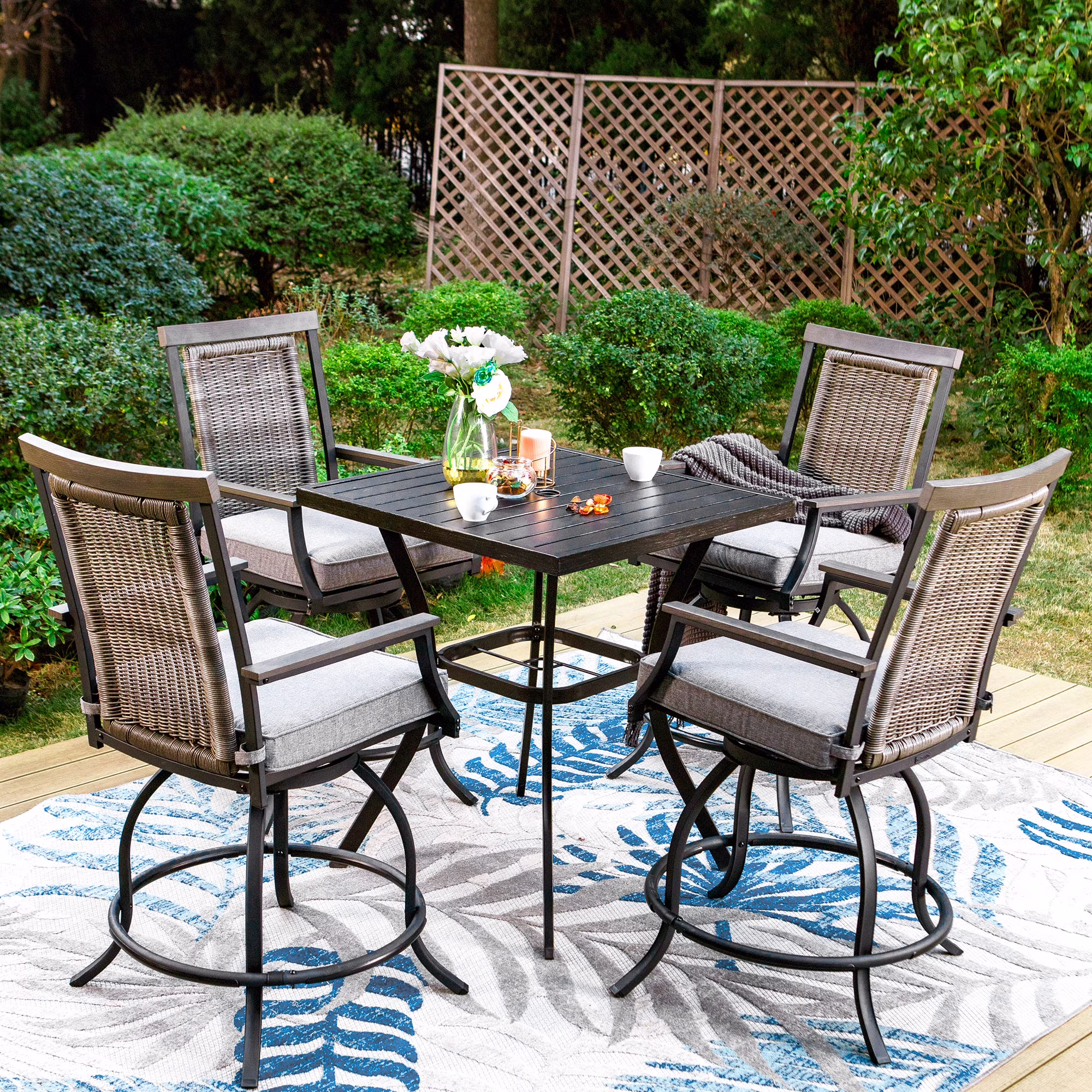 Sophia & William 3 Pieces Patio Outdoor Bar Stools Bistro Set Rattan Wicker Chairs & Square Metal Table Furniture Set - Image 3