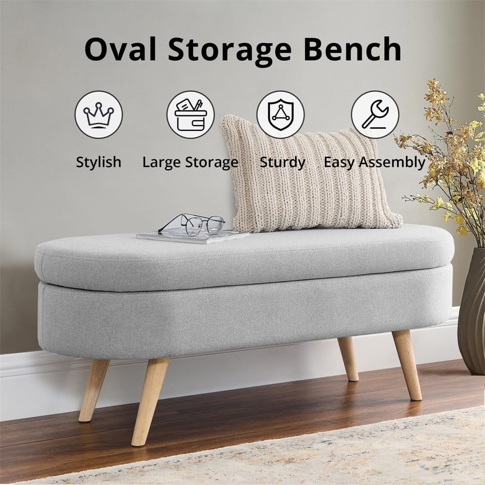 Sumdeal 43.5" Storage Ottoman Bench with 250lb Seating, Linen Upholstered Wood Legs Safety Hinge Flip Top Oval Foot Rest Long Stool for Sofa Couch Bedroom End of Bed Living Room Entryway, White - Image 59