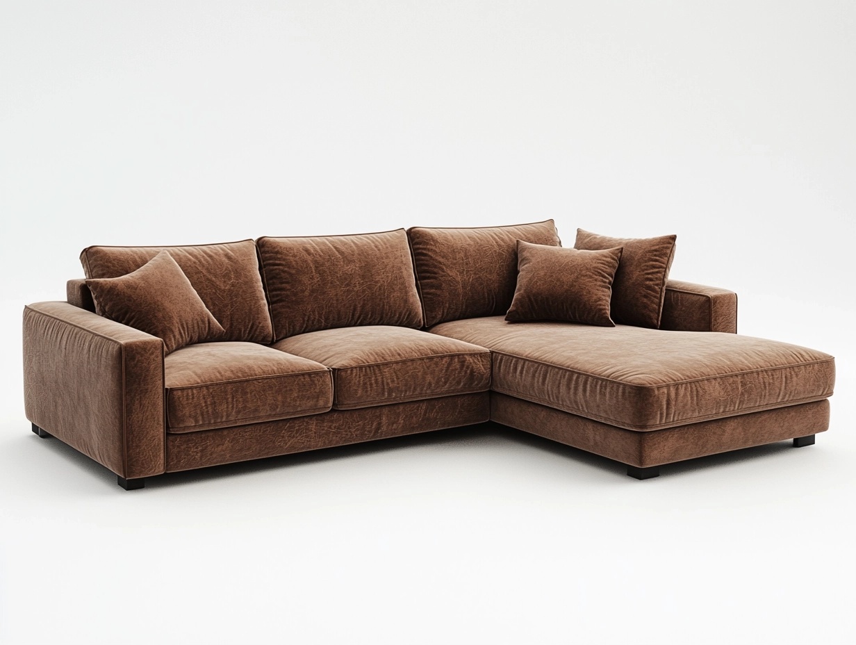Sofá esquinero de terciopelo marrón 280x180 cm estilo moderno para sala con asientos amplios y cojines incluidos ns2502396