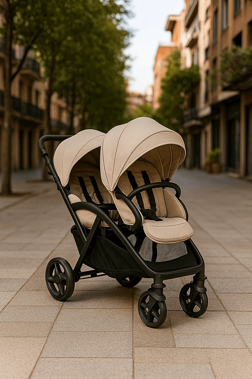 Cochecito de bebé, carrito doble reclinable con respaldo ajustable en 2 posiciones y arnés de seguridad, hasta 2×22 kg, color beige, apto para 0 - 48 meses