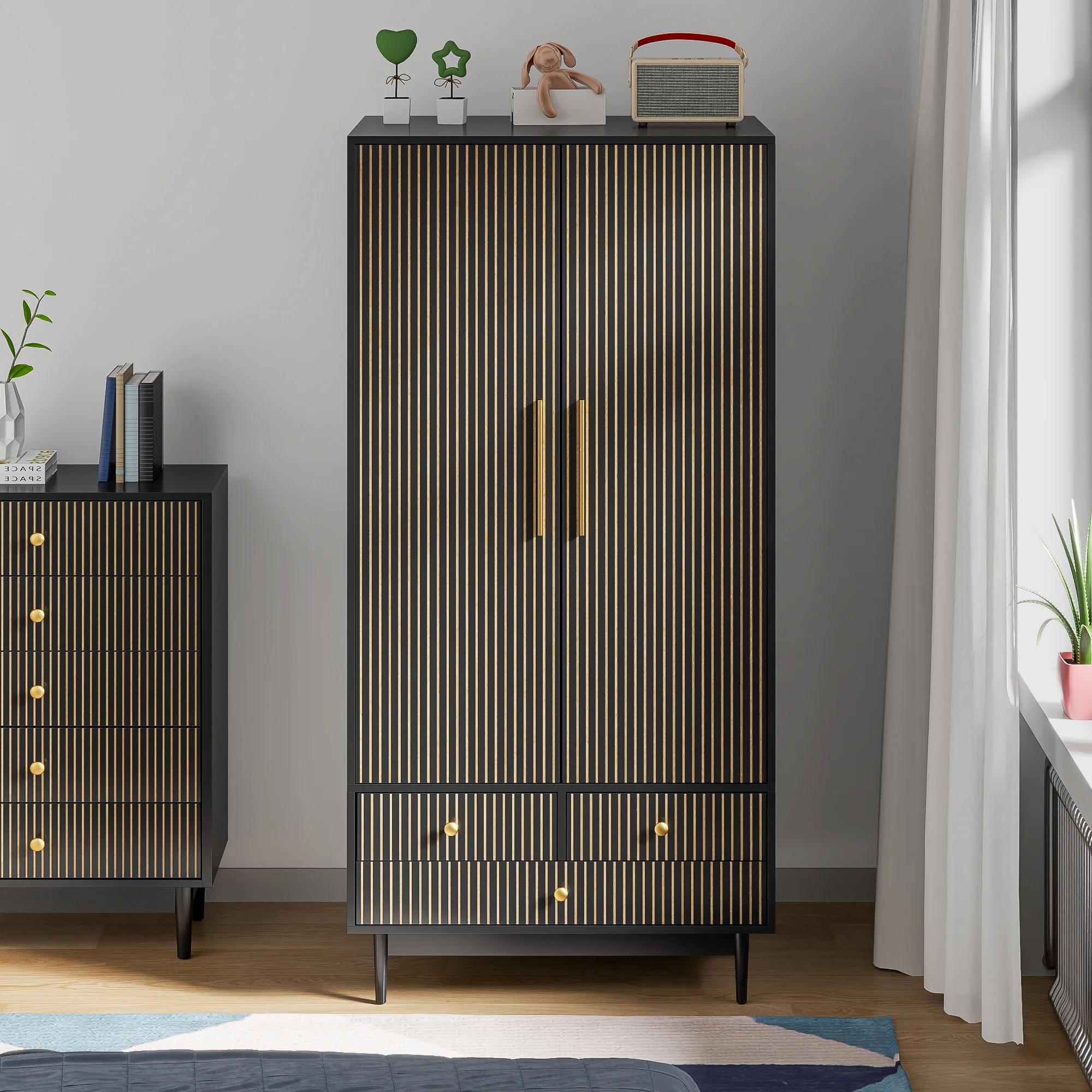 Oubayajia Wardrobe Armoire Closet, 2 Fluted Doors Wardrobe Cabinet with 3-Drawer and Hanging Rod, Wood Wardrobe Storage for Bedroom - Image 13