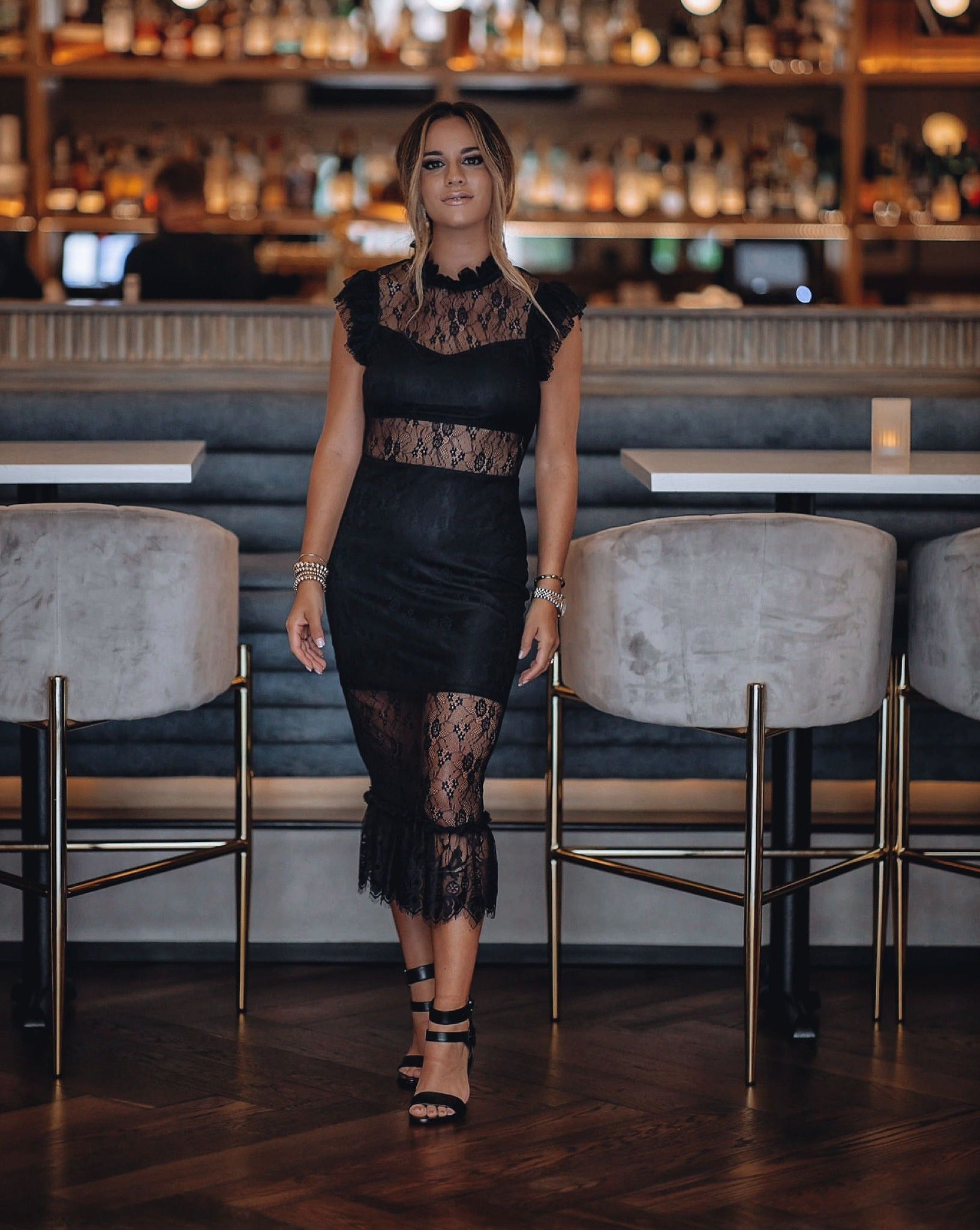 Saige Sheer Lace Midi Dress - Black - Se7enfashion