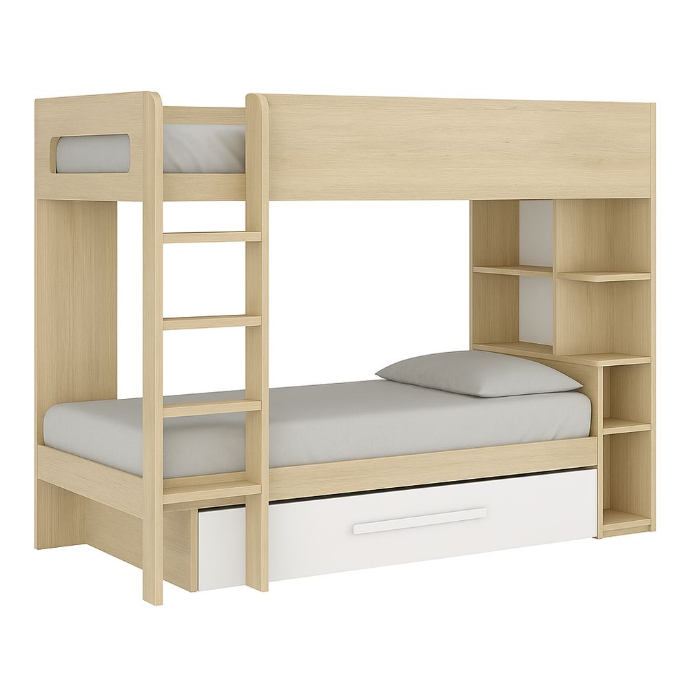 Cama literas con estantería,maderas claras,funcional y moderna,ideal para habitaciones infantiles