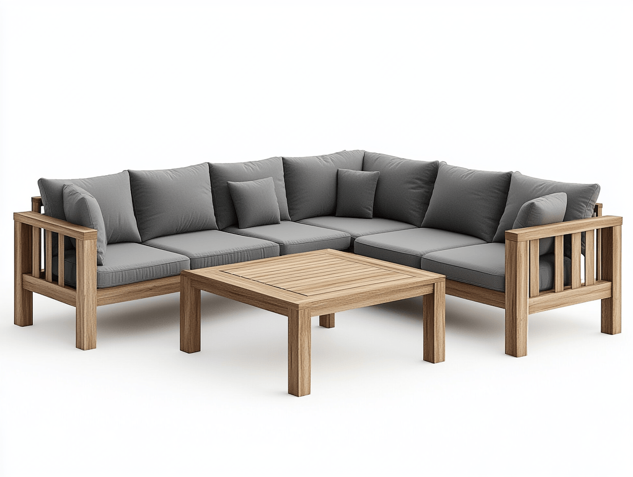 Sofá de esquina de madera con cojines gris para jardín y patio