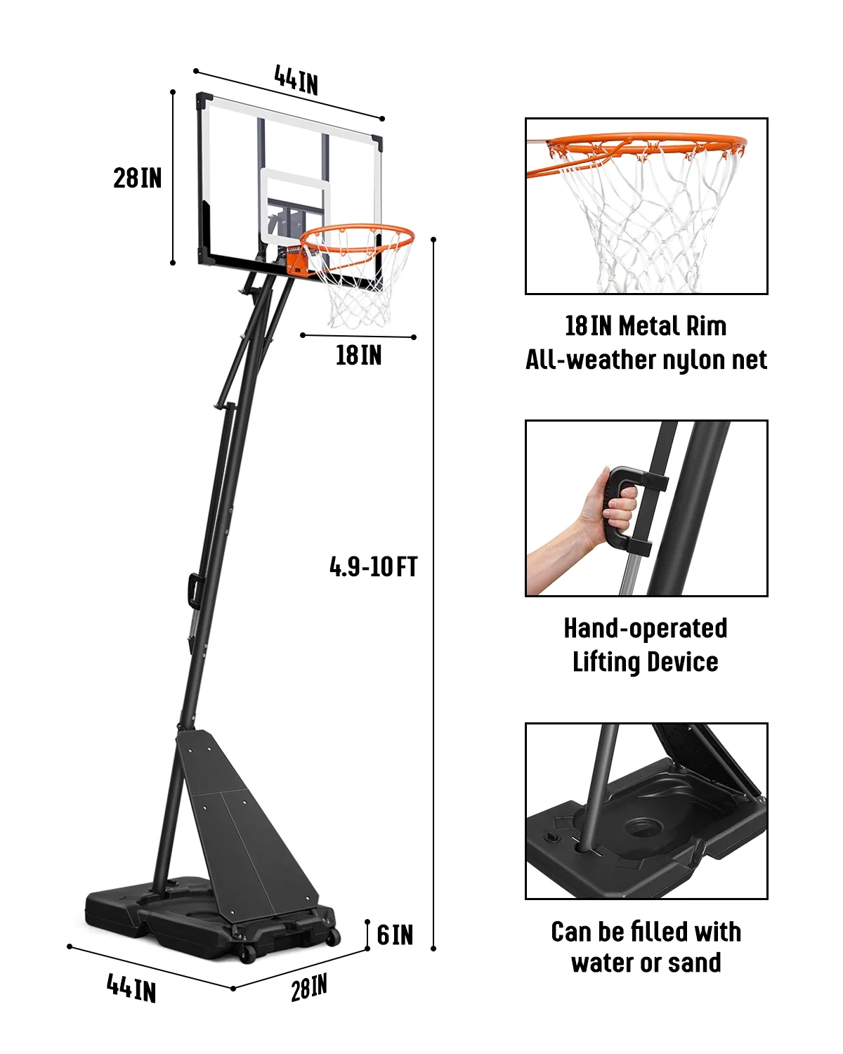 Seray Basketball Hoop with 4.8-10 feet Height Adjustable for Kids/Adults, Portable Basketball Goal with 44 inch Backboard and 2 Wheels for Outdoor/Indoor Sports - Image 5