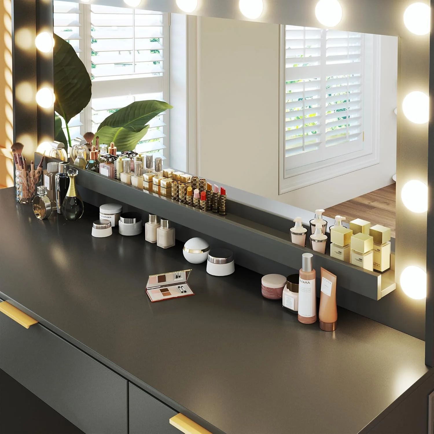 Fixwal Vanity Desk, 45.3in Makeup Vanity with 7 Drawers & Large Mirror, Black Vanity Desk for Bedroom - Image 2 Fixwal Vanity Desk, 45.3in Makeup Vanity with 7 Drawers & Large Mirror, Black Vanity Desk for Bedroom - Image 2