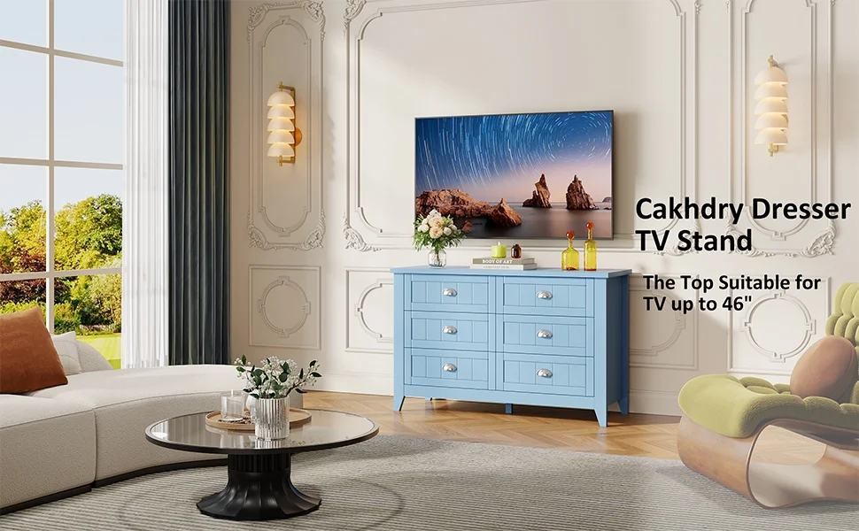 6 Drawer Dresser, Light Blue Elegant Chest of Drawers, Large Cabinet with Storage, Rustic Wood Chest of Drawers for Bedroom, Living Room, Hallway - Image 7