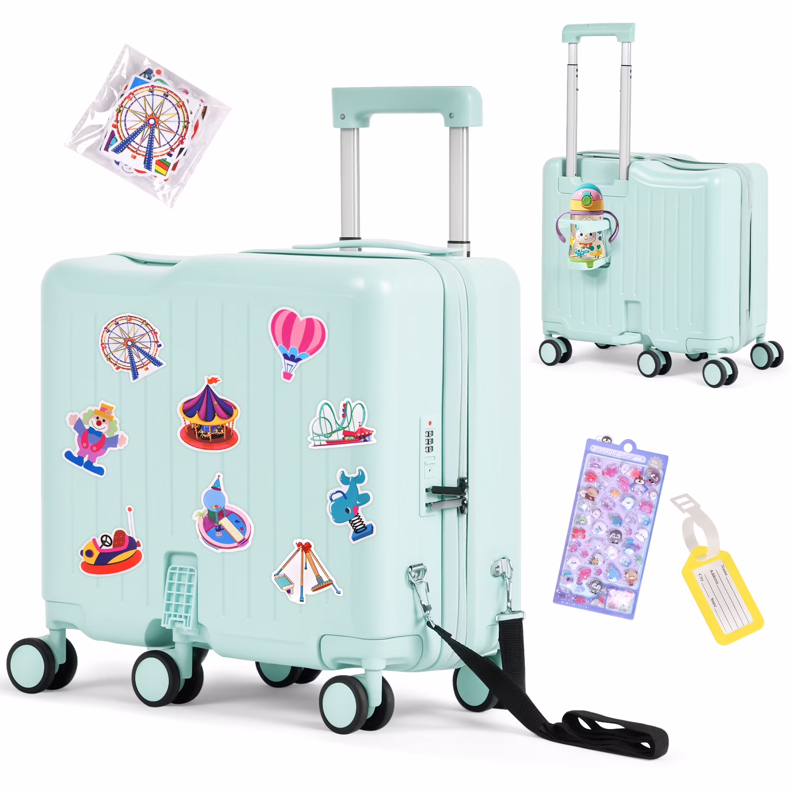 Advwin Ride-On Kids Luggage with Pull Strap, Footrests, Cup Holder, 6 Wheels & Adjustable Handle, 18-Inch Spinner Suitcase with Stickers & Boarding Pass, Pink