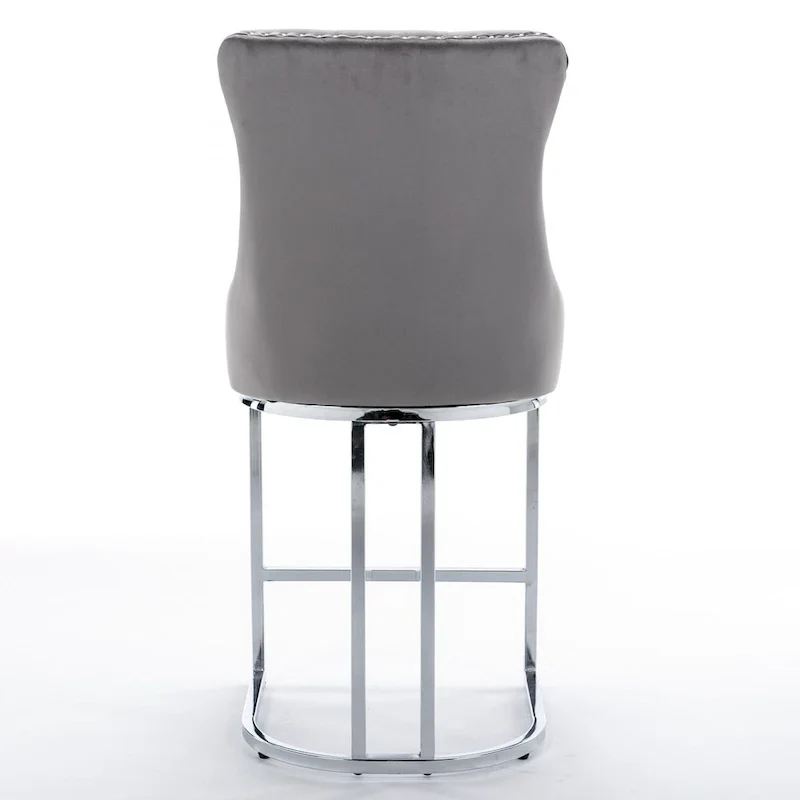 Contemporary Set of 2 Bar Stools with Button-Tufted Back and Studded Trim, Chrome Metal Base - Ideal for Dining Room, Living Room, and Bedroom