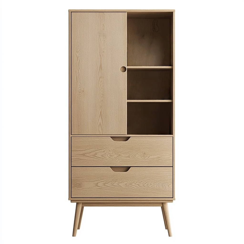 Armario de almacenamiento de madera maciza con estantes abiertos y cajones, ideal para cocina, con acabado natural 80 x 40 x 160 cm