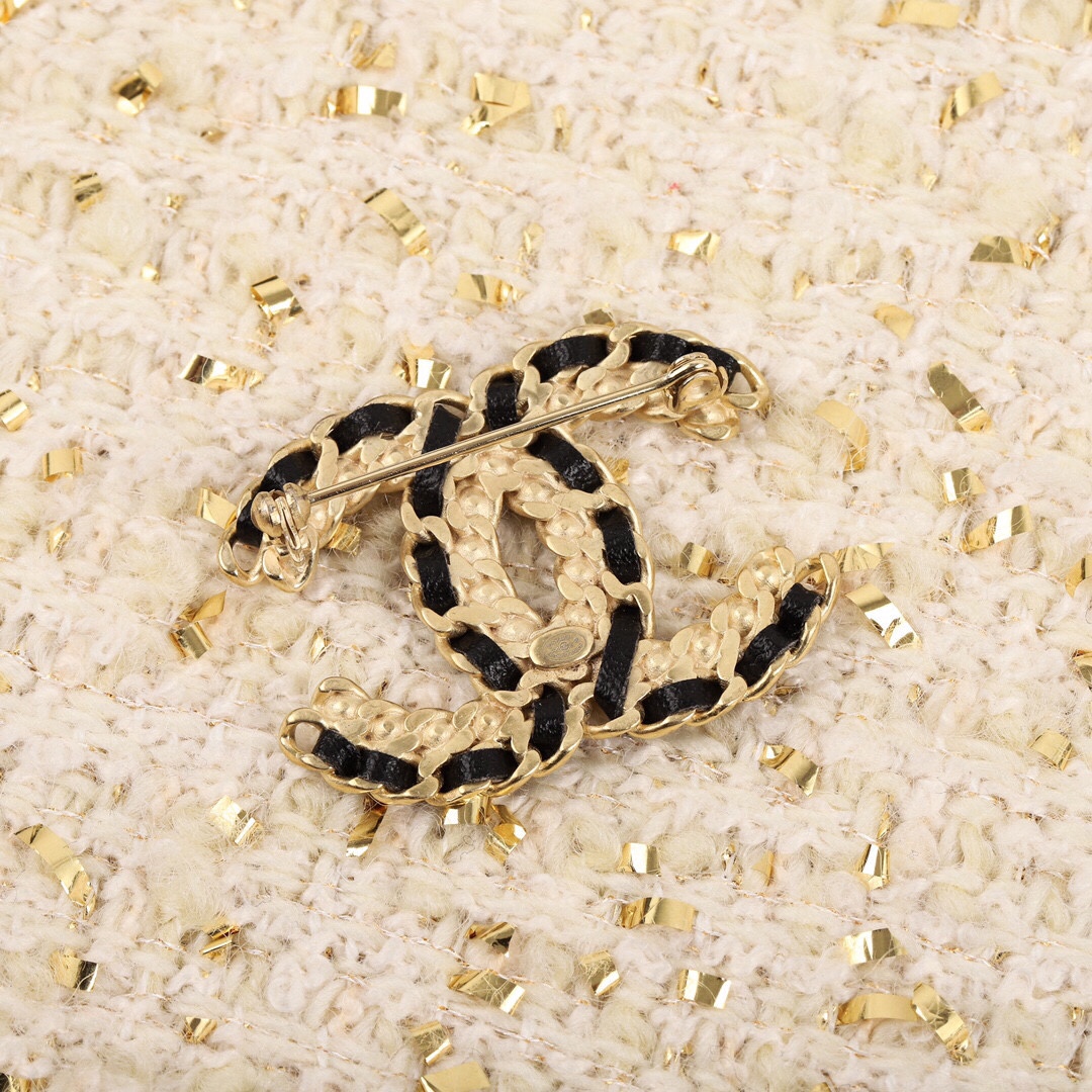 Chanel Leather Woven Diamond Paved Gold Brooch - Original Replica Club