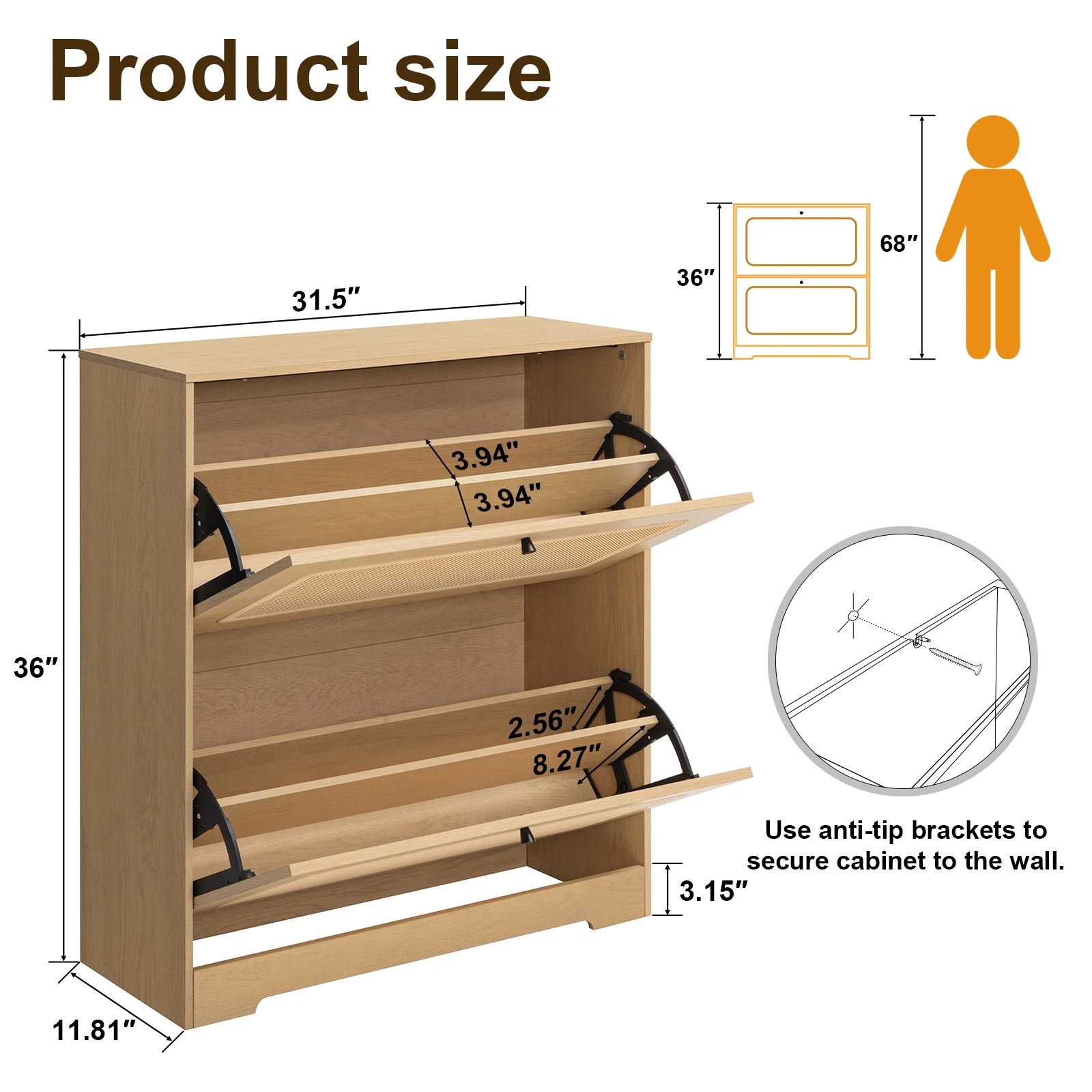 Hommpa Rattan Shoe Cabinet with 2 Flip Drawers & Adjustable Shelves 5 Tier Freestanding Tipping Bucket Shoes Storage Closet for 16 Pairs Narrow Console Table Modern Boho Entryway Shoe Rack Organizer - Image 5
