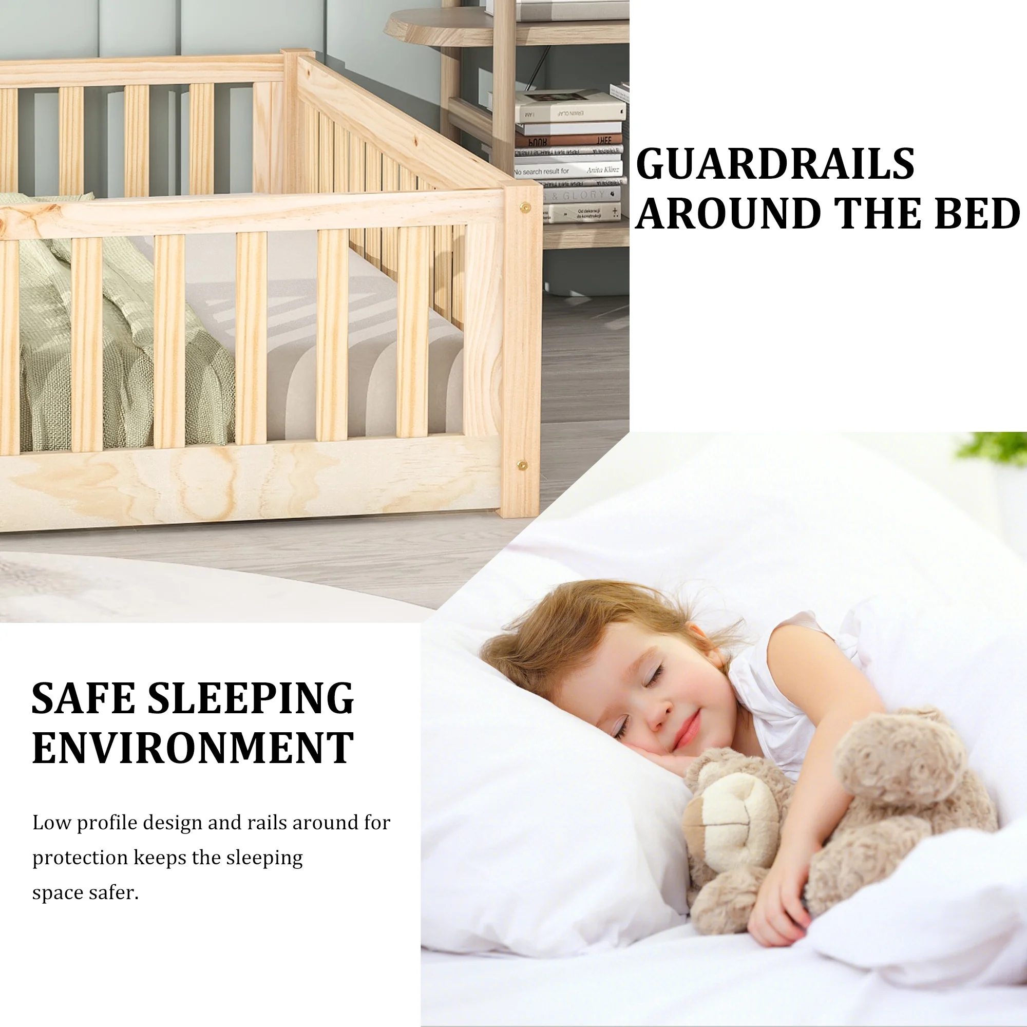 UHOMEPRO Twin Size Floor Bed with Door and Fence, Montessori Floor Bed with Slats and Safety Guardrails, Solid Wood Twin Bed Frame for Bedroom, White - Image 17
