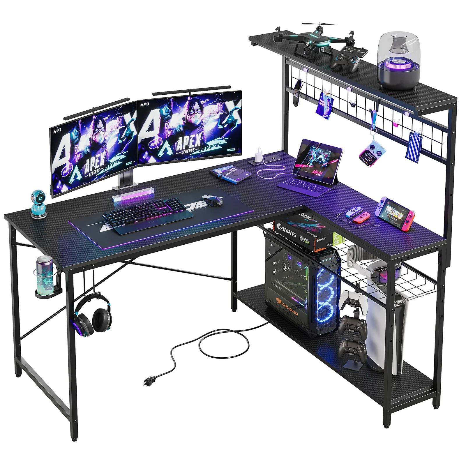 Bestier 51 L Shaped Gaming Desk with Power Outlets & LED Light, Computer Desk with 4 Tiers Shelves for Home Office, Reversible Gamer Table with Hooks and Cup Holder, Carbon Fiber - Image 2