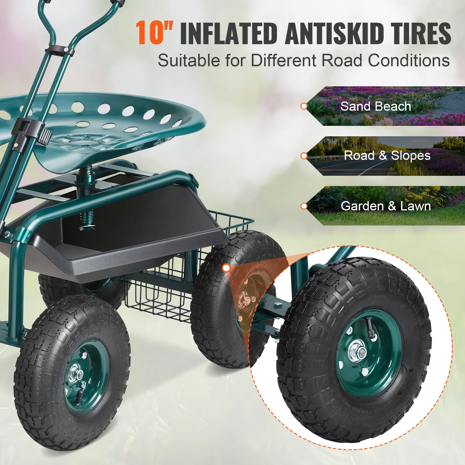 KFFKFF Garden Cart Rolling Workseat with Wheels, Gardening Stool for Planting, 360 Degree Swivel Seat, Wagon Scooter with Steering Handle & Utility Tool Tray, Use for Patio, Yard, and Outdoors - Image 5