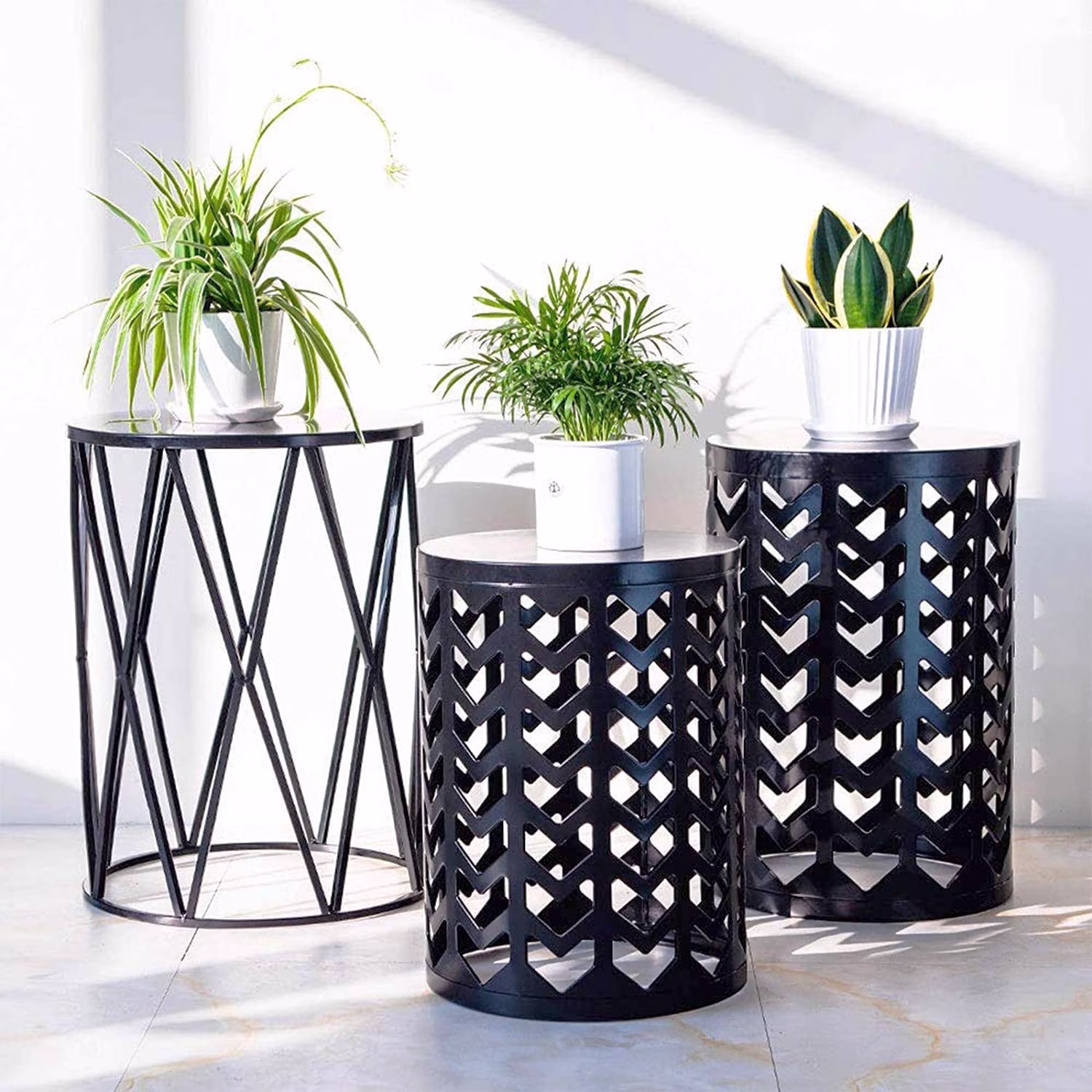 YM Set of 3 Nesting Metal Round Coffee Table, Side Table End Table for Indoor Outdoor Multifunctional Use, Heavy Duty Metal Plant Stand Garden Stool - Black(Blue/3)