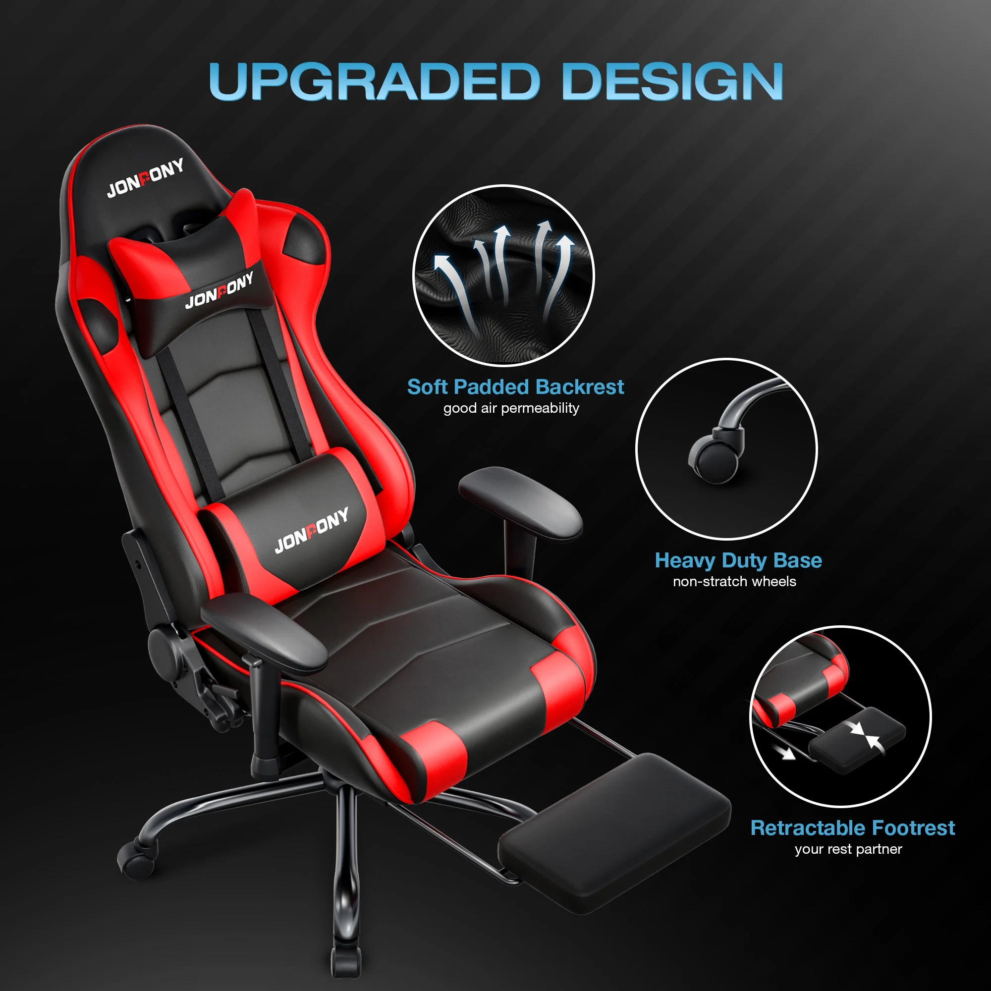 JONPONY Big and Tall 500LBS Gaming Chair, Ergonomic Design, Gamer Chair PU Leather with Footrest and Lumbar Support, High Back Office Chair Support 8 Hours Long Sitting,Red Computer Chair,Red - Image 8