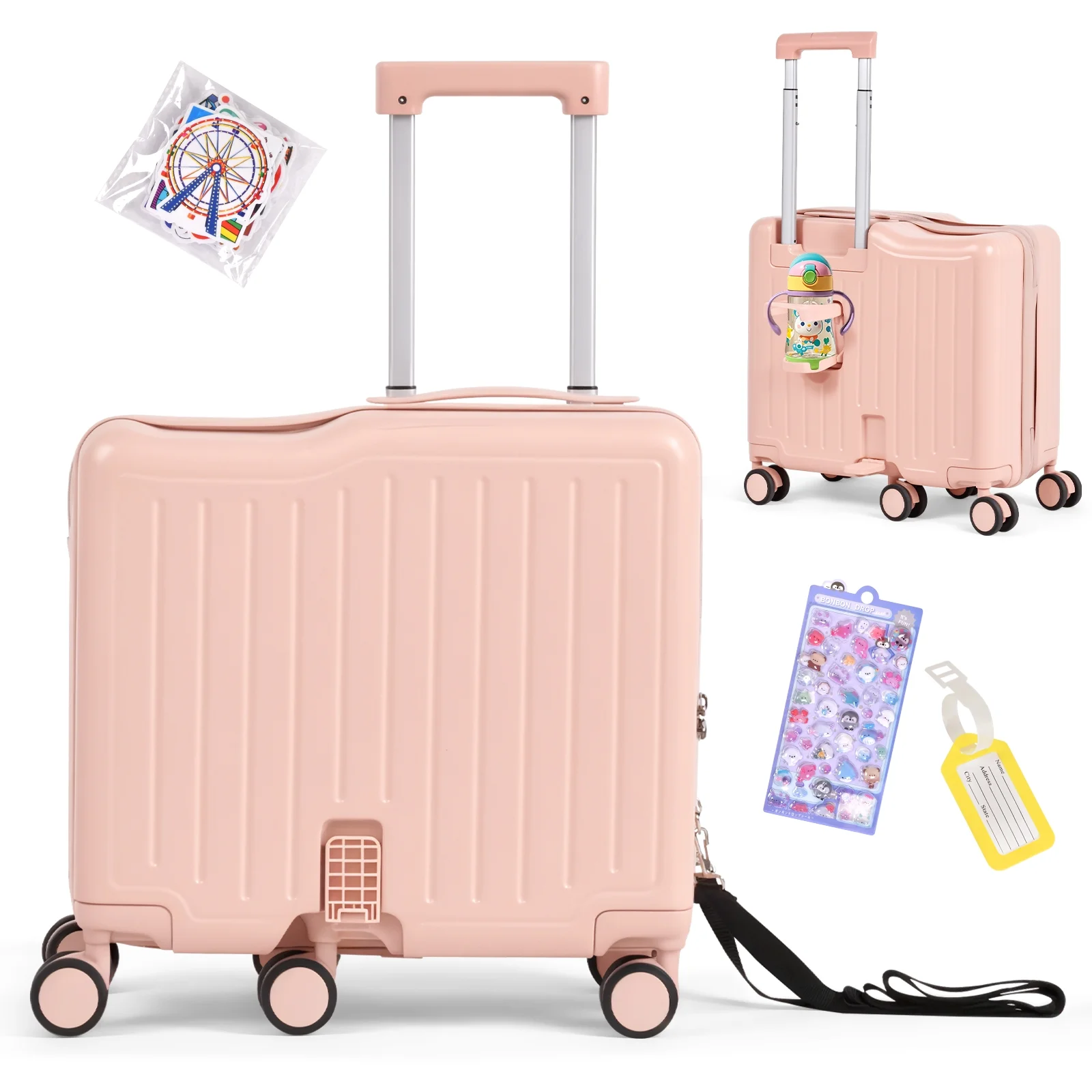 Advwin Ride-On Kids Luggage with Pull Strap, Footrests, Cup Holder, 6 Wheels & Adjustable Handle, 18-Inch Spinner Suitcase with Stickers & Boarding Pass, Pink - Image 2