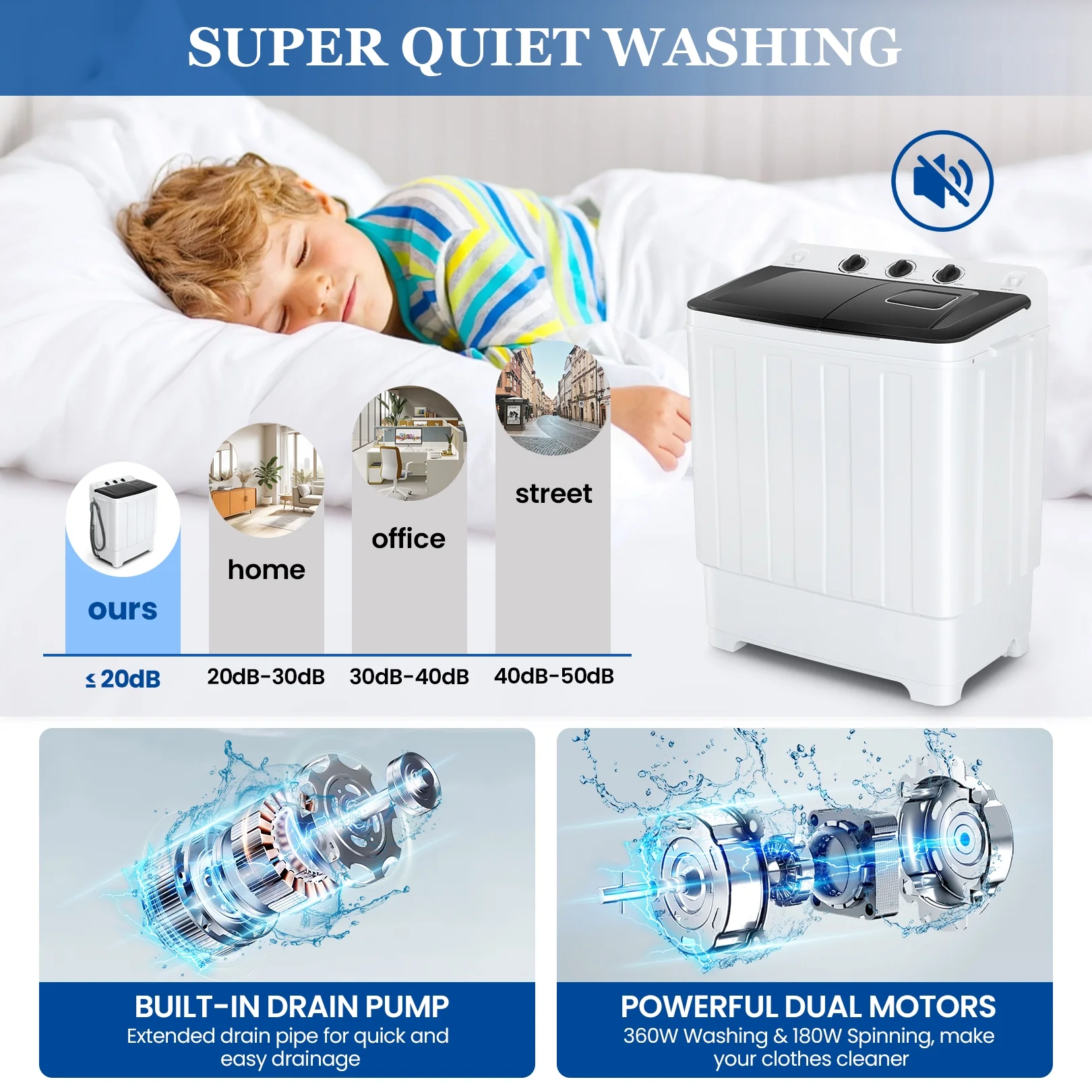 Qhomic Portable Washer 30lbs, 2-in-1 Twin Tub Washer & Dryer Combo Compact Semi-Automatic Washing Machine with Drain Pump, Black - Image 19