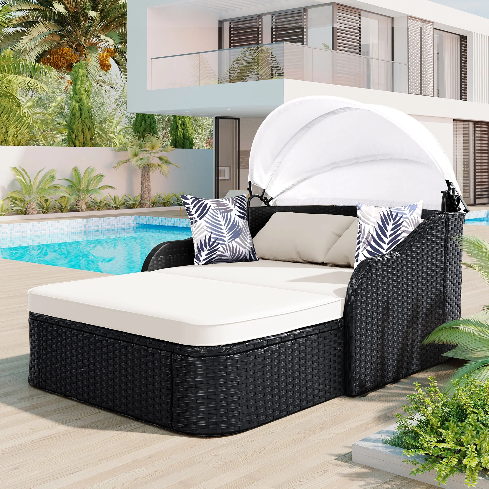 Harper & Bright Designs Rattan Outdoor Double Lounge Chaise 2-Person PE Wicker Outdoor Patio Sunbed with Canopy Cover for Backyard Garden Balcony, Beige+Black - Image 4