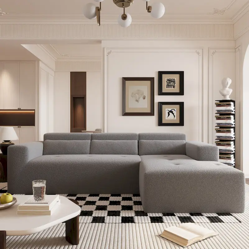L Shaped Sectional Sofa with Upholstered Cushions and Modular Design