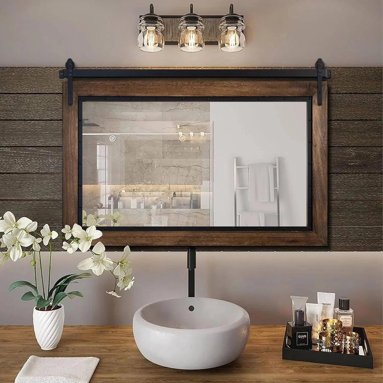 COSMOGO Farmhouse Barn Door Style Natural Wood Bathroom Vanity Wall Mirror 24 x 32 in - Image 5 COSMOGO Farmhouse Barn Door Style Natural Wood Bathroom Vanity Wall Mirror 24 x 32 in - Image 5