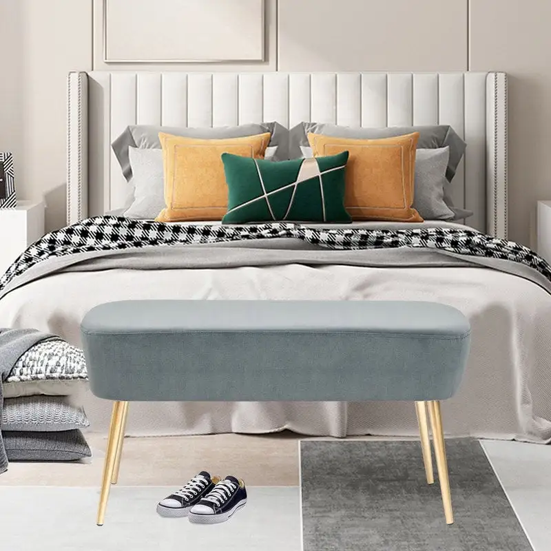 Adeco Velvet Footrest Bench with Metal Legs - Stylish Bed End Stool and Dressing Chair