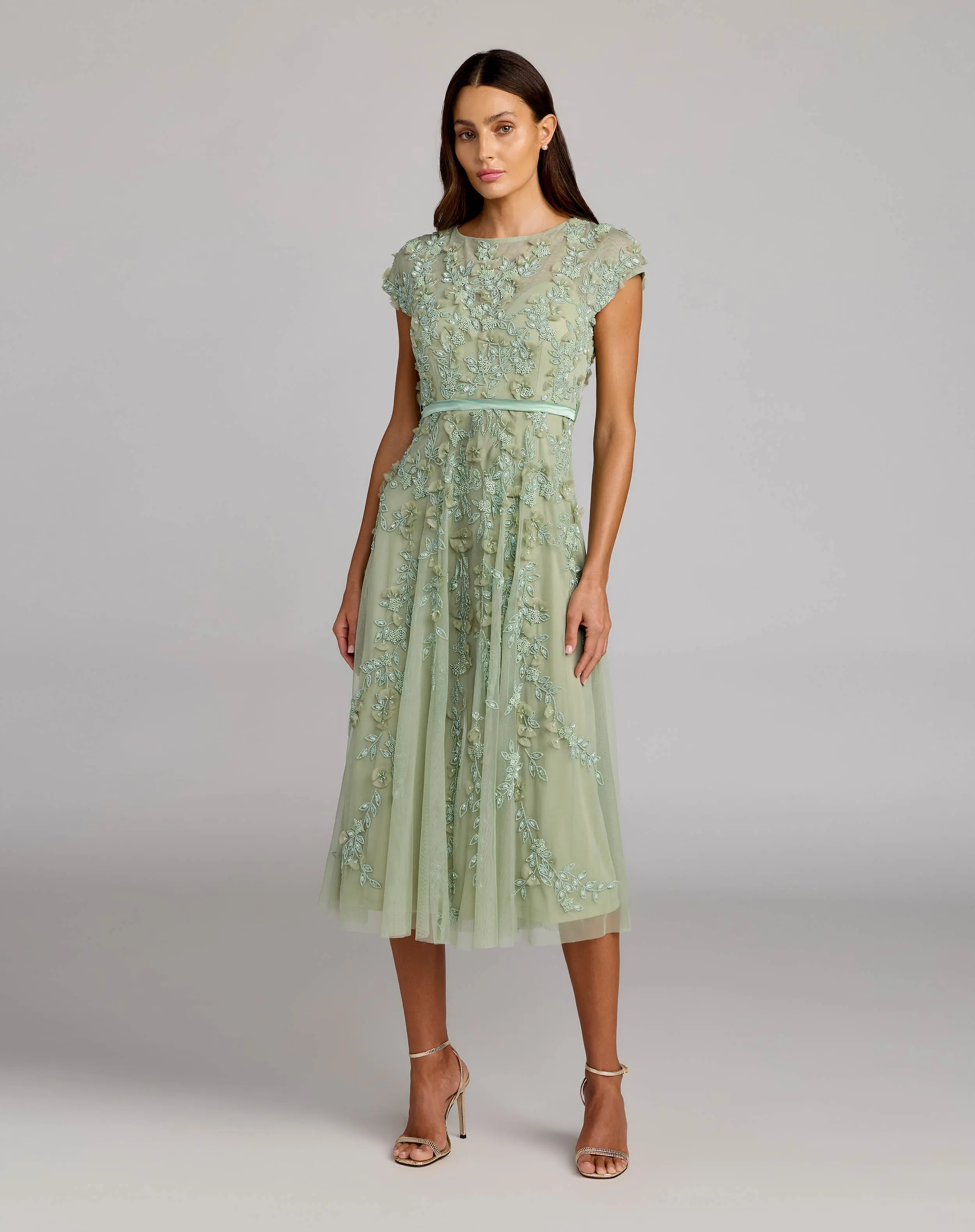 Petite Green Floral Embellished Cap Sleeve Midi Dress - Special Events Unlimited