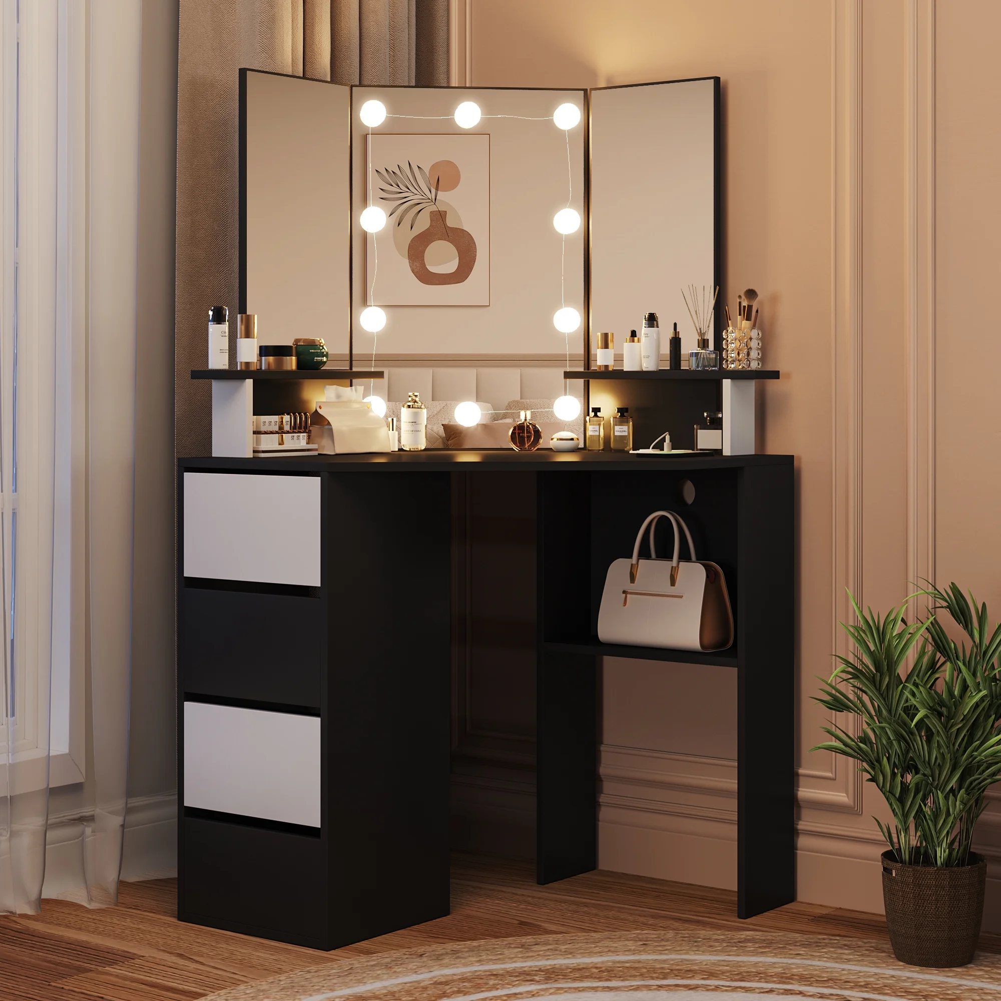Veanerwood White Corner Vanity Desk with Mirror and Light,Makeup Table with 4 Drawers and Charging Station for Bedroom - Image 15